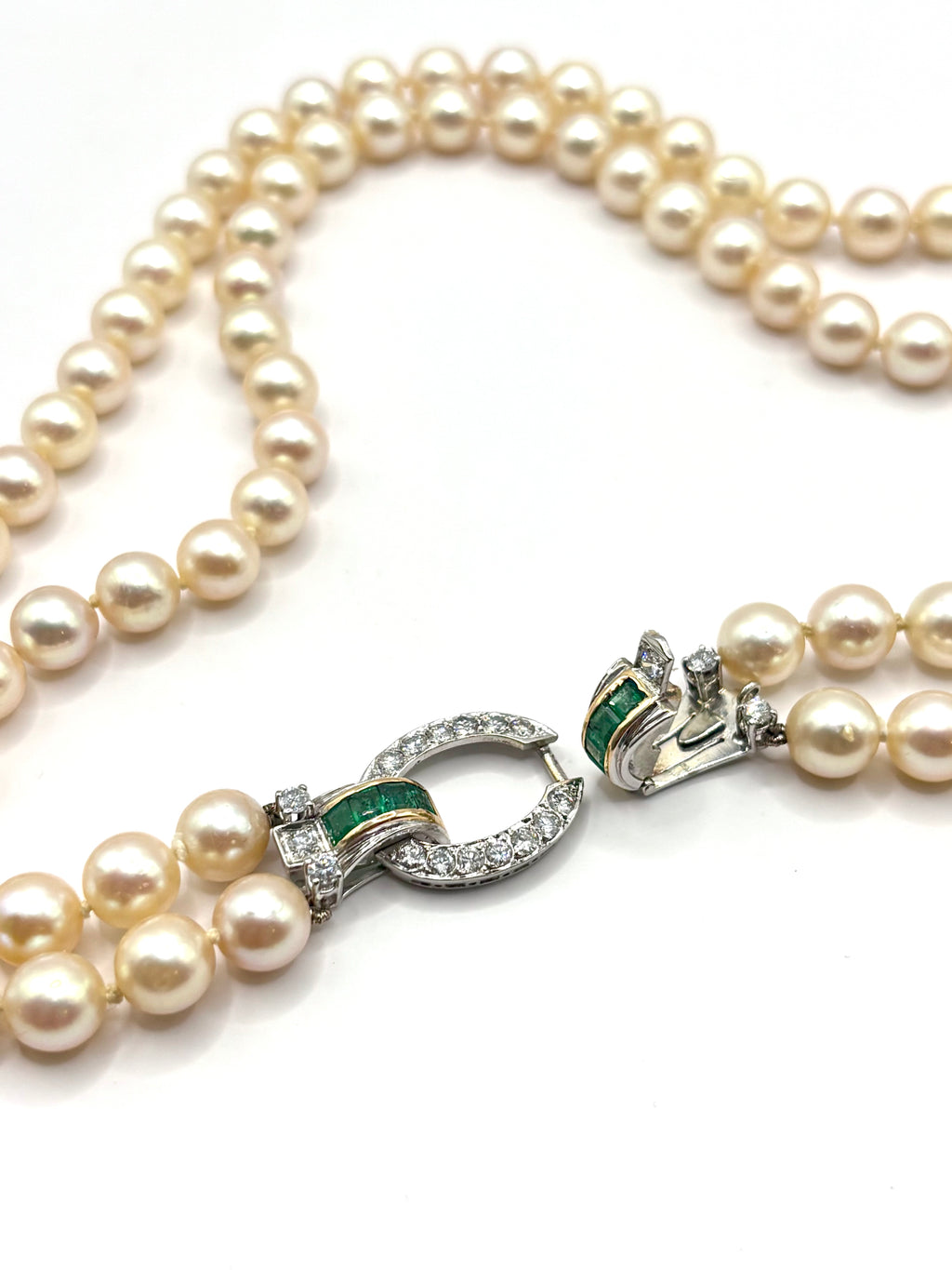 Exceptional Mid-Century Double-Strand Akoya Pearl Necklace 18K Gold Emeralds and Diamonds