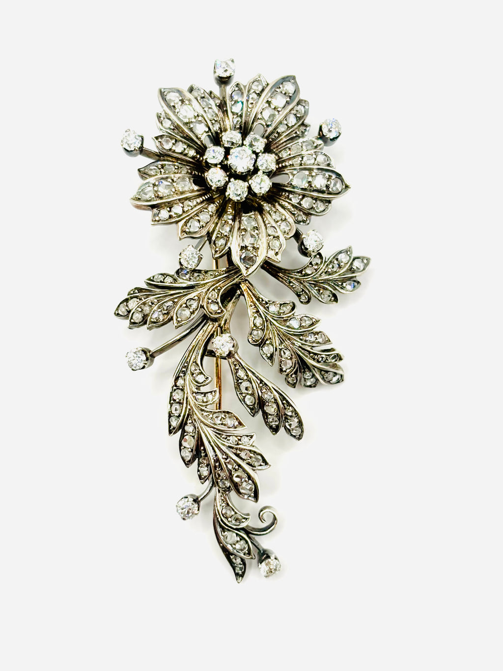 Late 19th Century Floral Spray Brooch with Old European and Rose Cut Diamonds, 8cm long