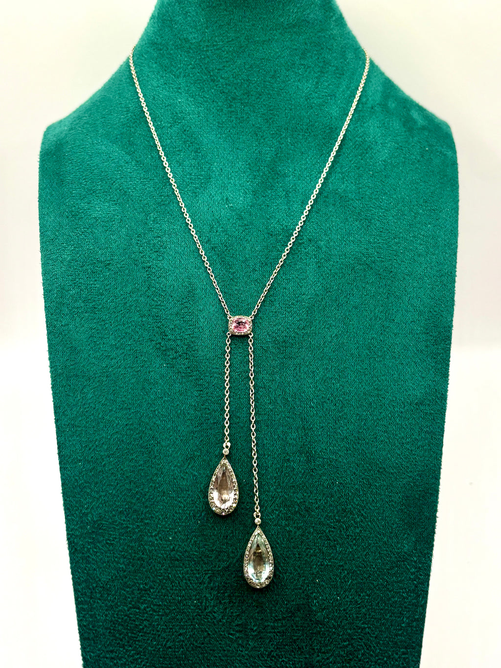 Antique French Edwardian Aquamarine, Pink Tourmaline, Morganite Diamond Negligee Necklace