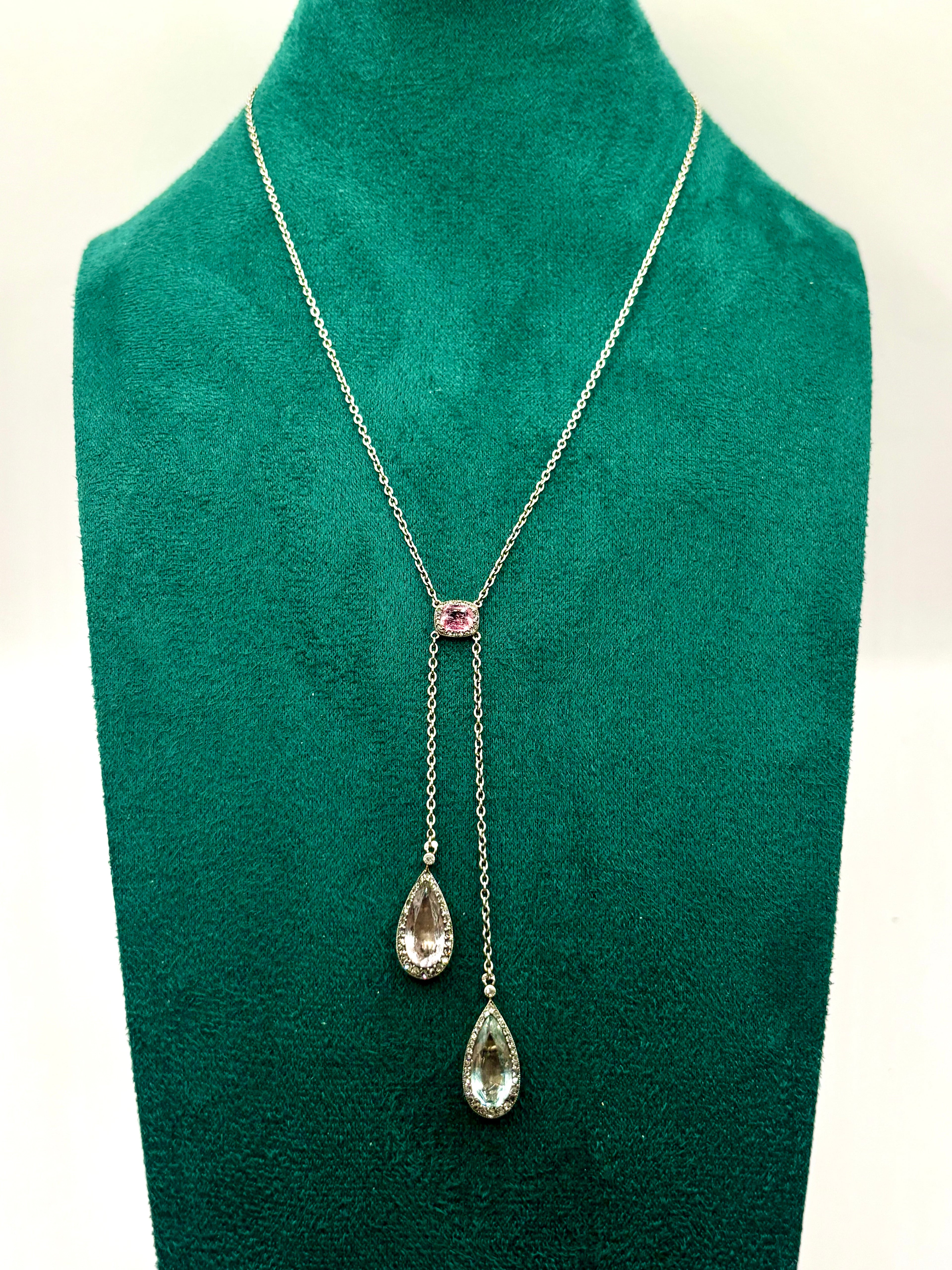 Antique French Edwardian Aquamarine, Pink Tourmaline, Morganite Diamond Negligee Necklace