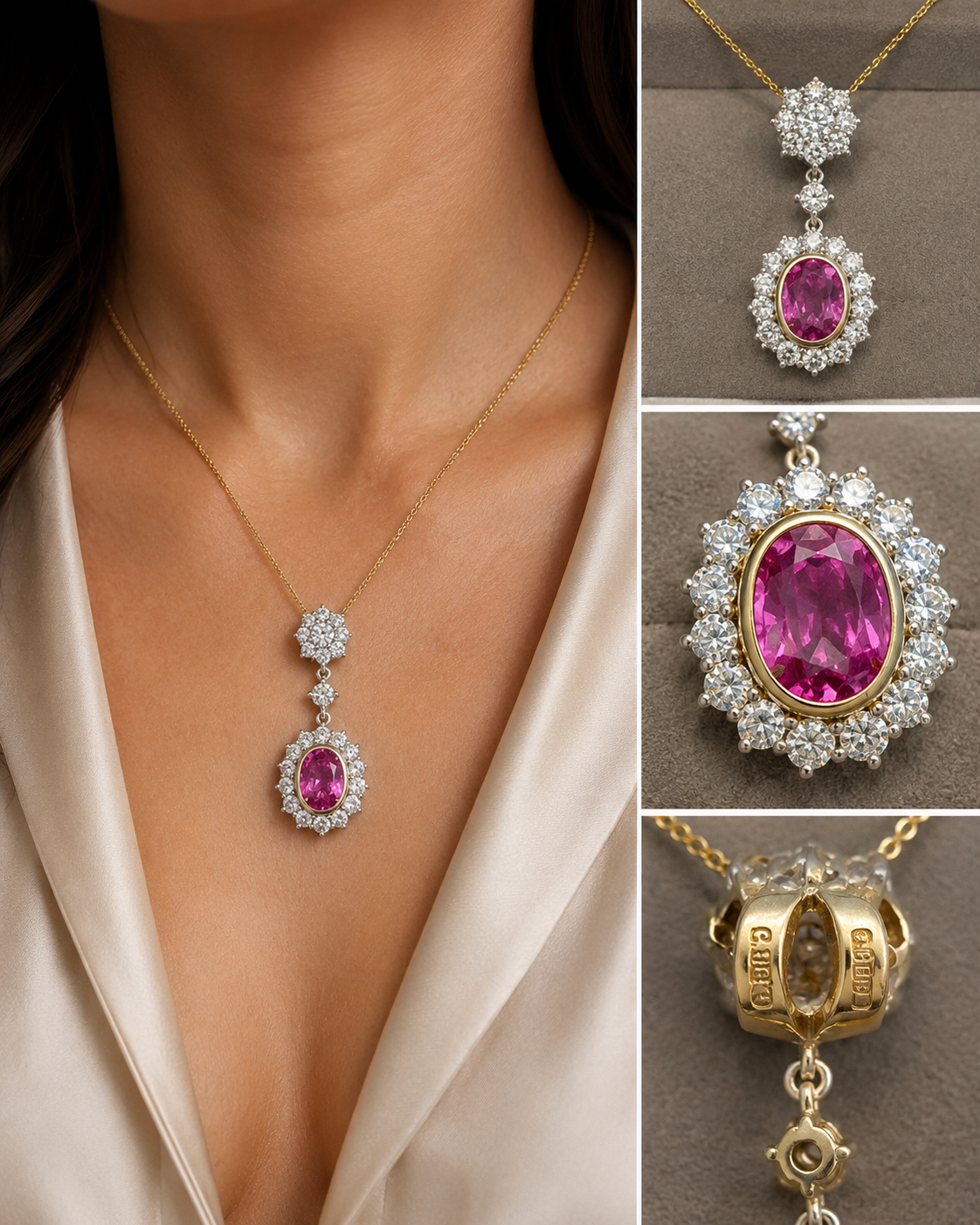 Natural Pink Sapphire Diamond Necklace and Ring Suite, GCS Certified