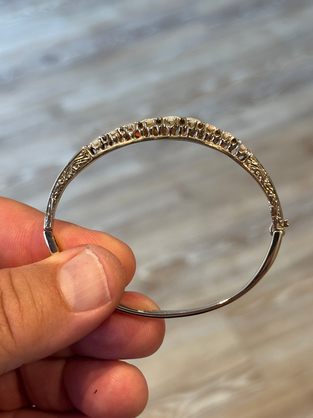 Vintage English 9 Carat Gold Opal and Diamond Victorian Revival Hinged Bangle Bracelet, London Hallmarks