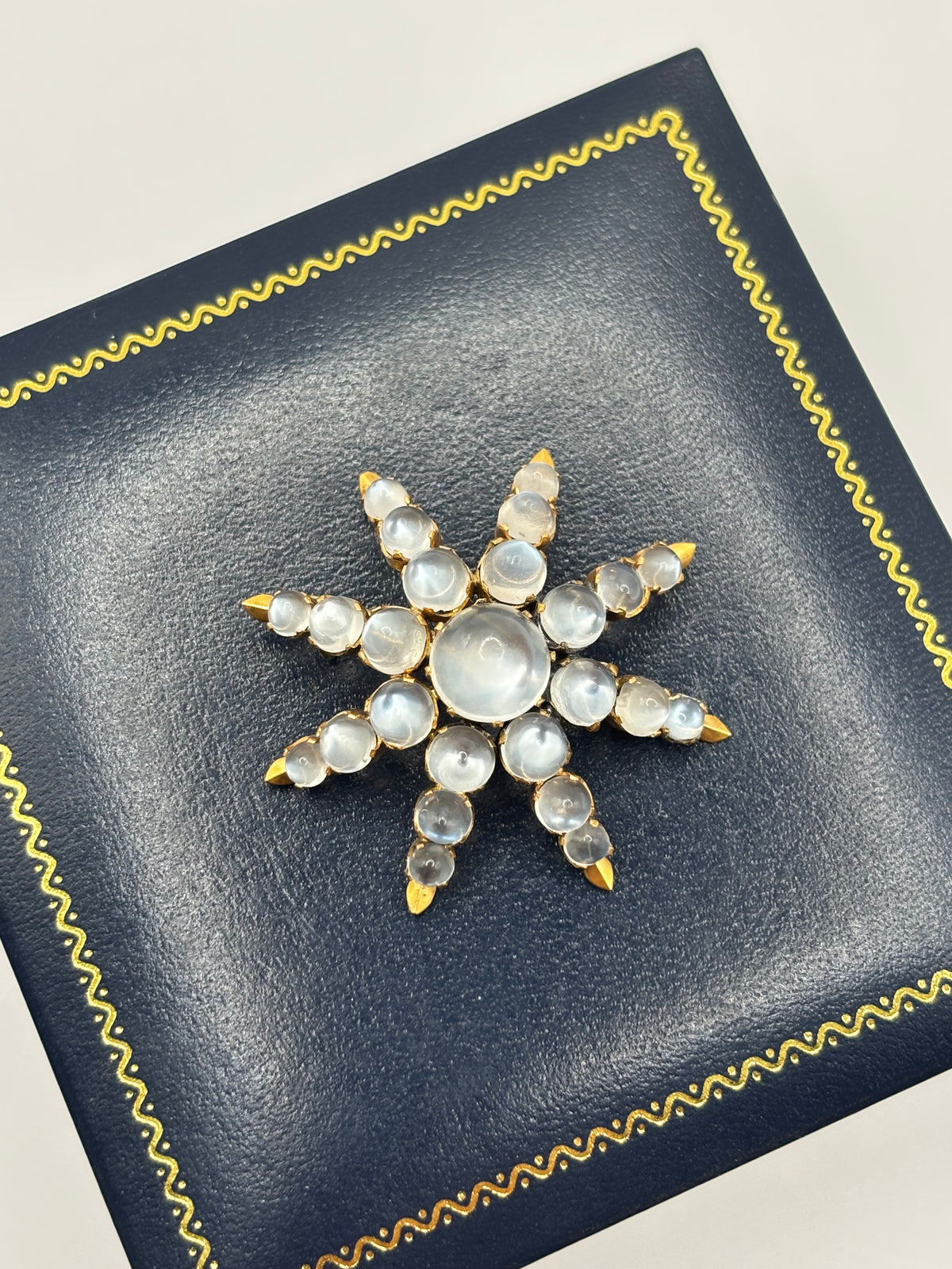 Antique Victorian 18K Gold Moonstone Eight-Ray Star Brooch, Circa 1890