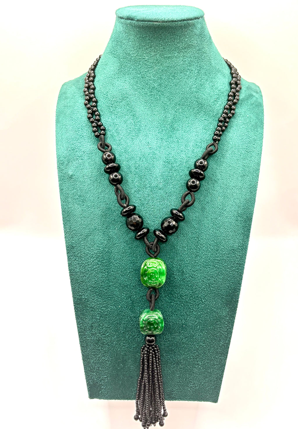 Vintage Long Carved Jadeite and Black Onyx Double-Strand Tassel Sautoir Necklace