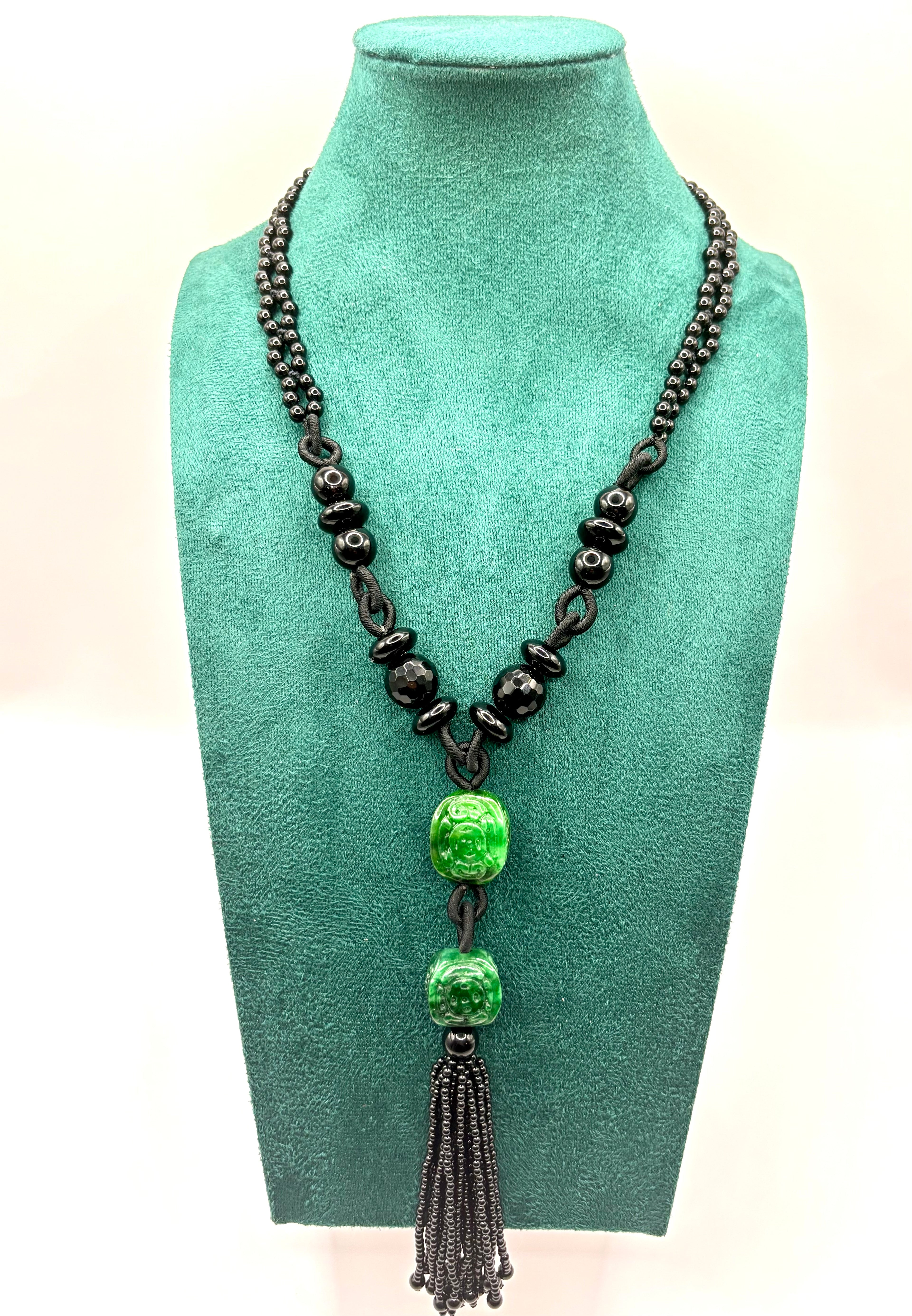 Vintage Long Carved Jadeite and Black Onyx Double-Strand Tassel Sautoir Necklace