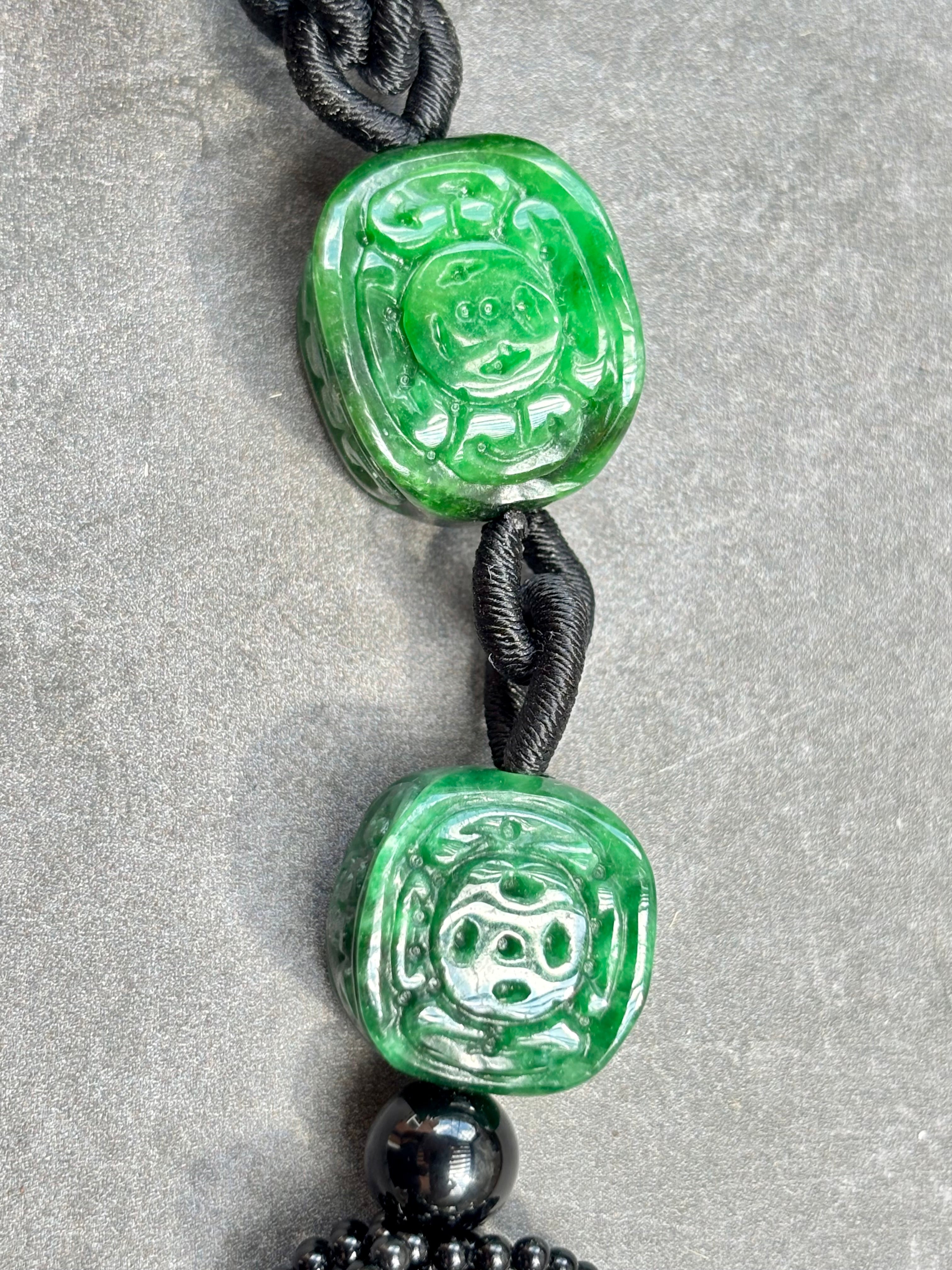 Vintage Long Carved Jadeite and Black Onyx Double-Strand Tassel Sautoir Necklace