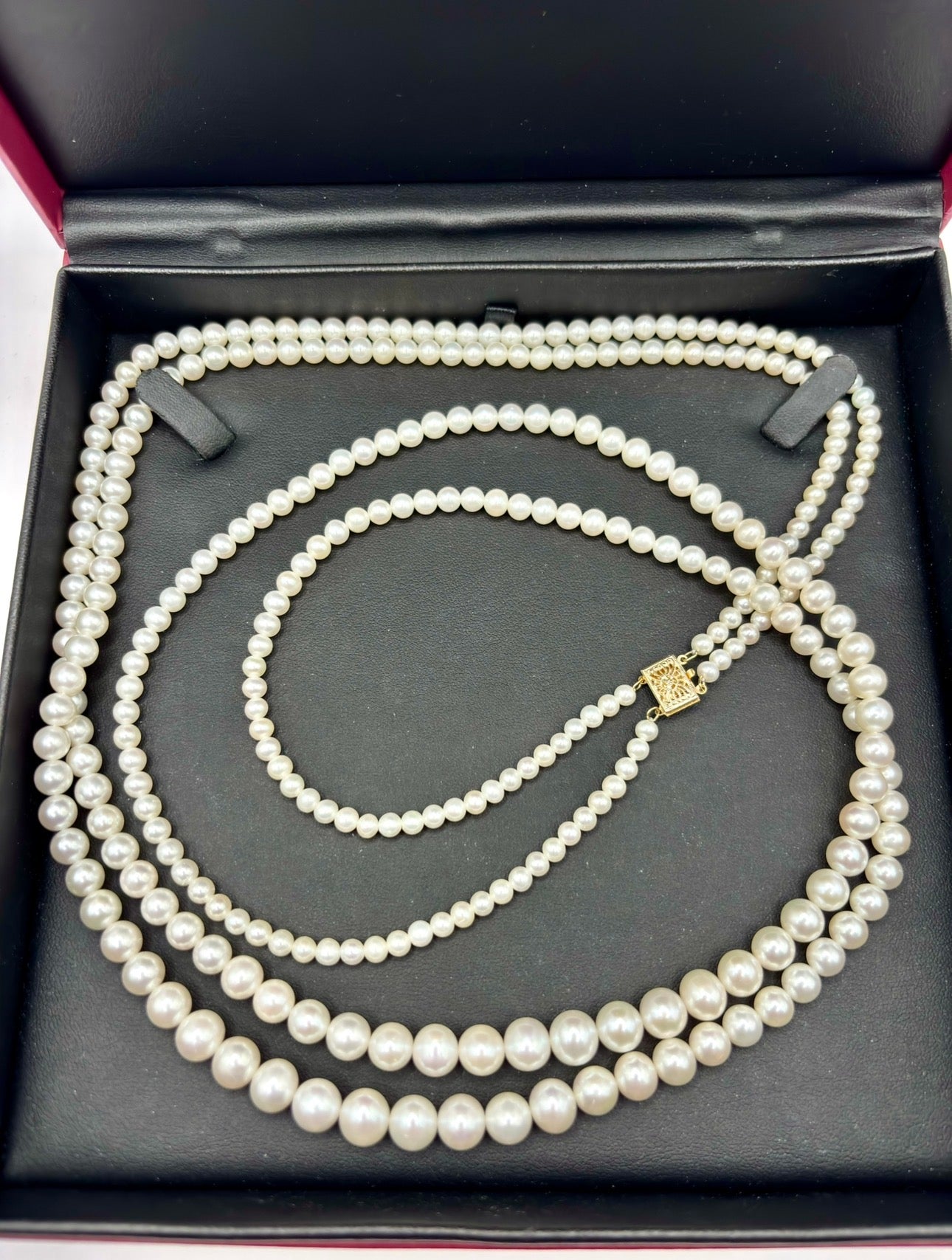 Vintage Graduated Cultured Pearl Double Opera Necklace with 14 Karat Gold Chisholm Hunter Clasp