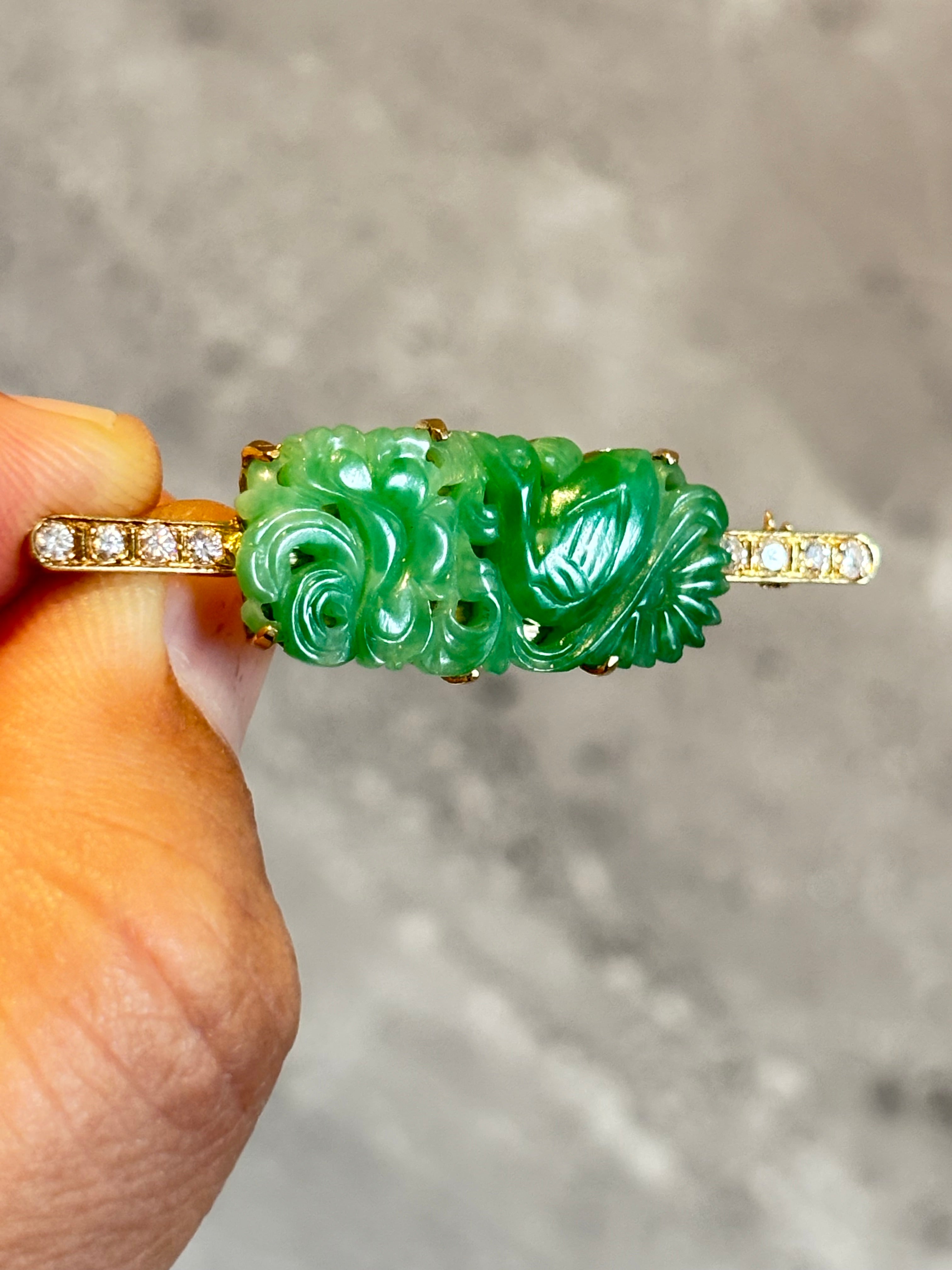 Natural Jadeite Jade and Diamond Brooch, Chinese Carved Jade & Gold, GCS Tested
