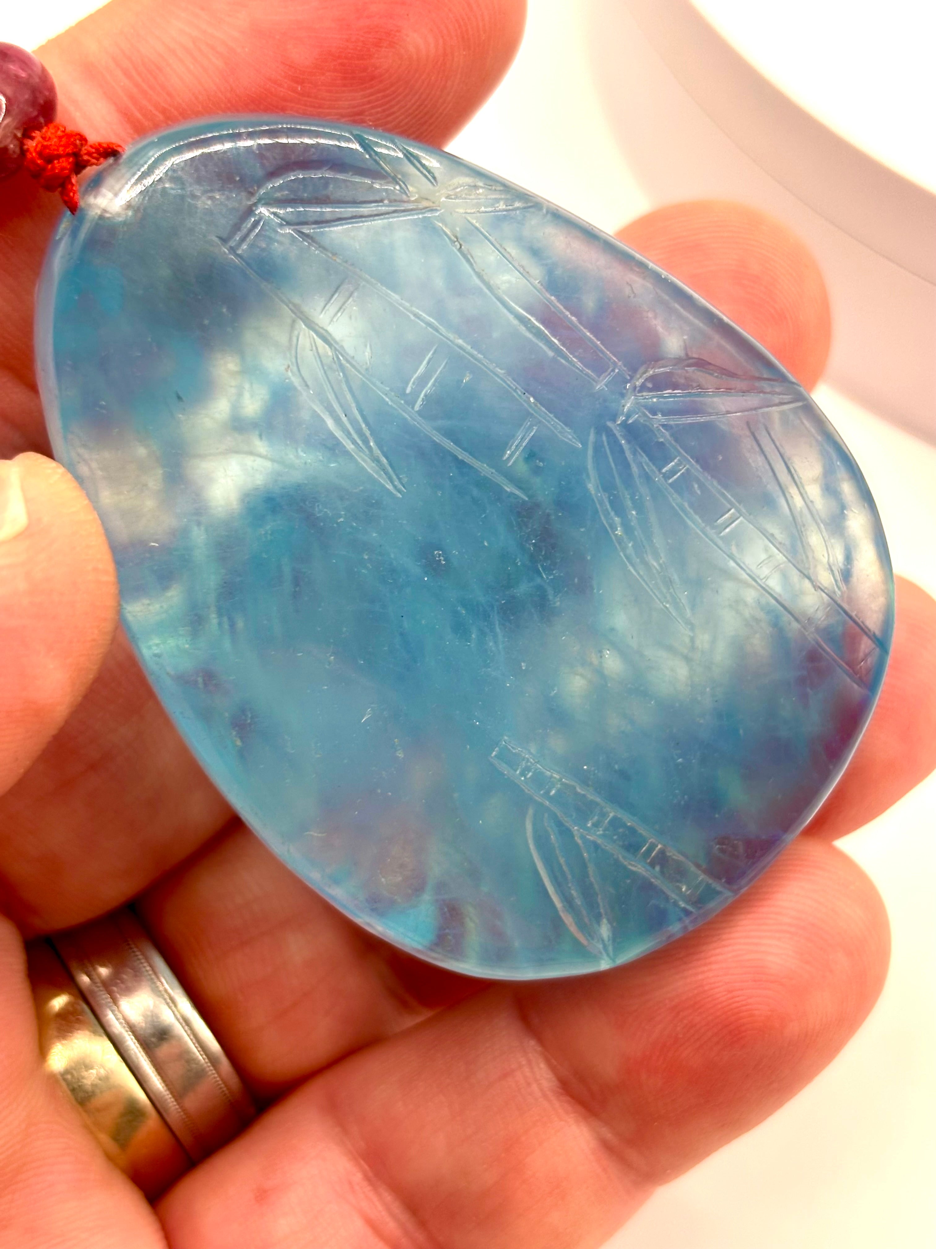 Large Chinese Hand-Carved Aquamarine Pendant with Pink Tourmaline and Seed Pearls