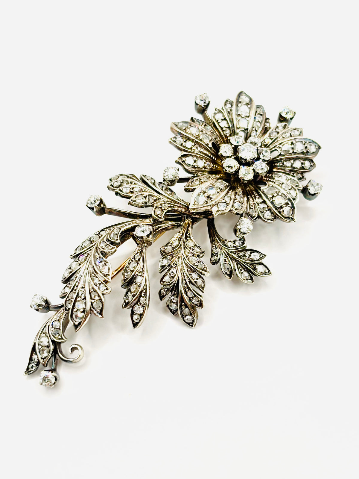 Late 19th Century Floral Spray Brooch with Old European and Rose Cut Diamonds, 8cm long