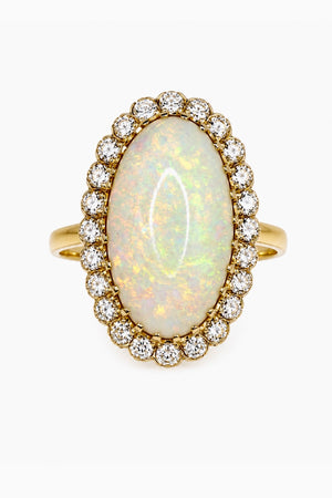 Vintage Large 8.50 carats Australian White Opal Diamond Cluster Ring in 18K Gold