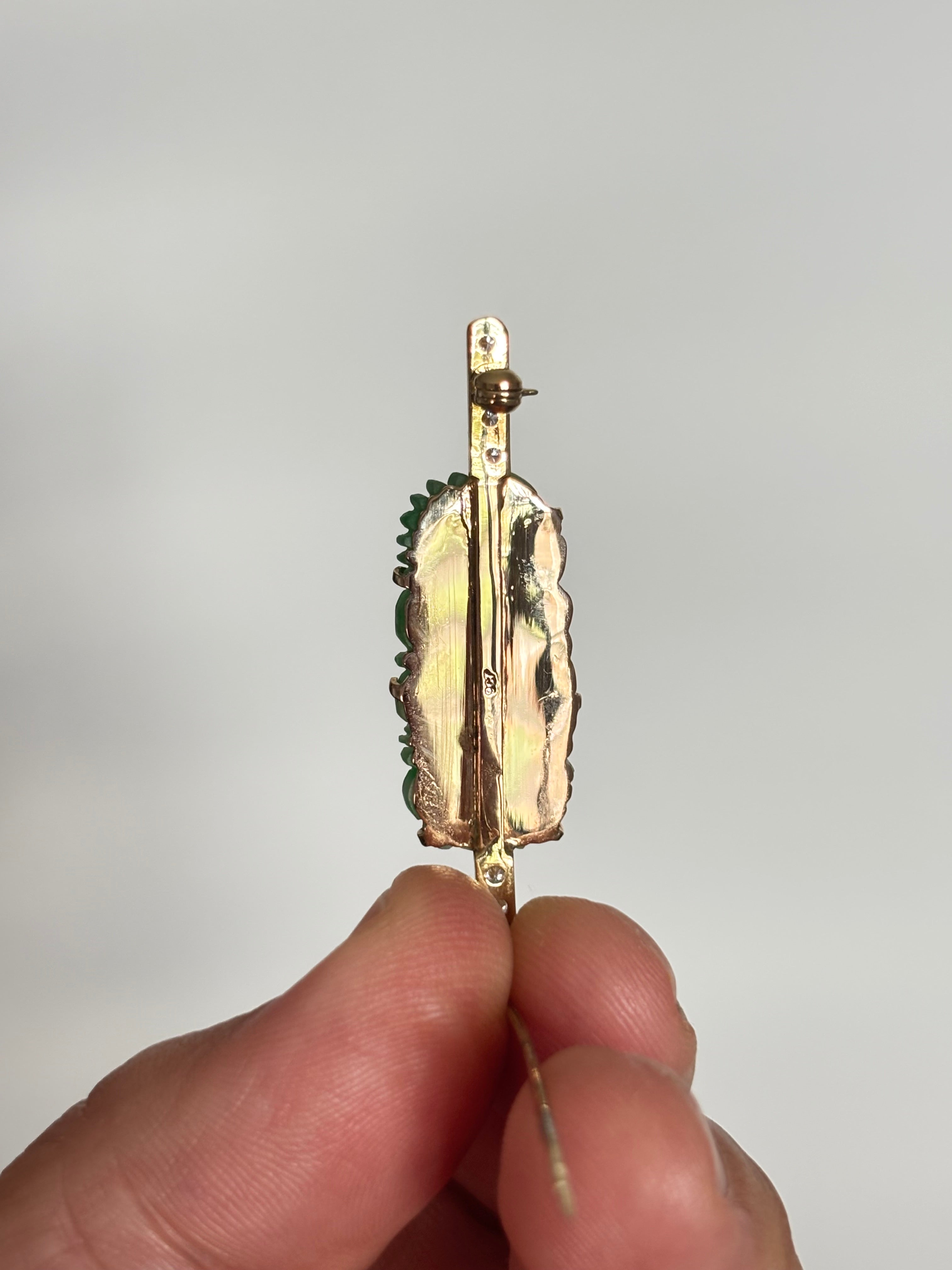 Natural Jadeite Jade and Diamond Brooch, Chinese Carved Jade & Gold, GCS Tested