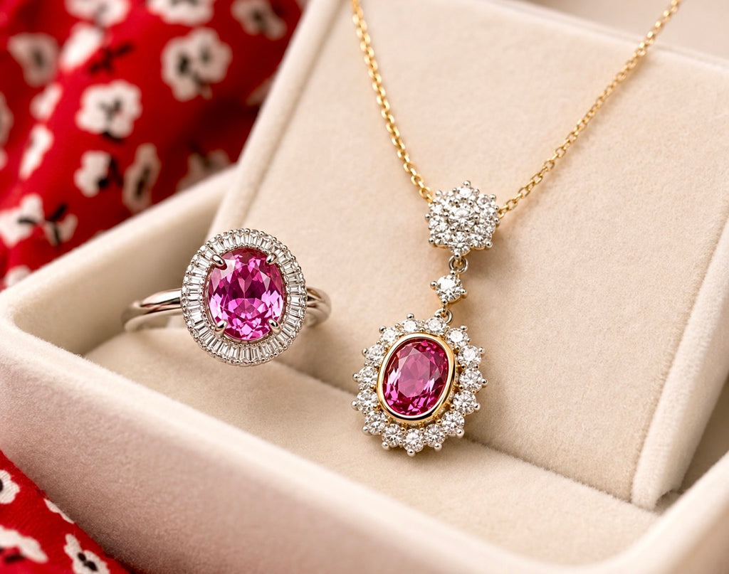 Certified Madagascar Pink Sapphire, Diamond Cluster Pendant Necklace 18K Gold
