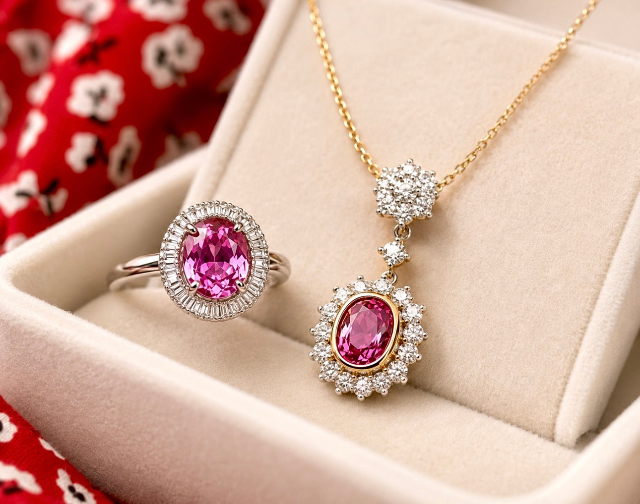 Certified Madagascar Pink Sapphire, Diamond Cluster Pendant Necklace 18K Gold