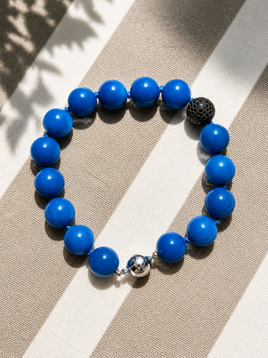Blue Agate Bracelet with Black Diamond Pavé Sterling Silver Enhancer | 14mm Beads | 41g