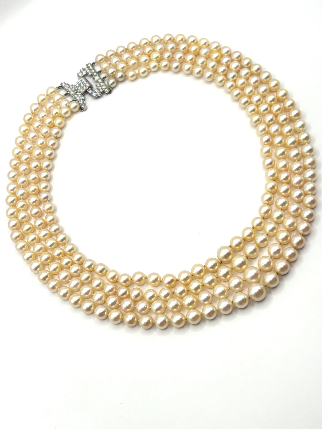 Long Vintage Four-Strand Akoya Pearl Necklace Art Deco Diamonds & Platinum Clasp 1950’s