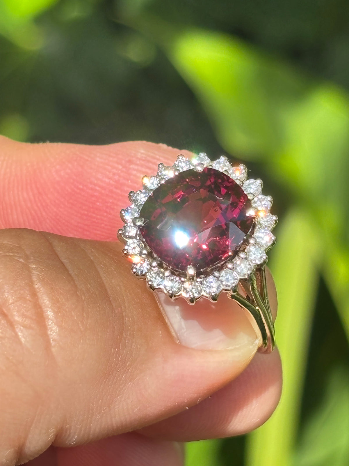 Exquisite Vintage Cocktail Ring 7.15 Carat Rhodolite Garnet with Diamonds in 18K Gold