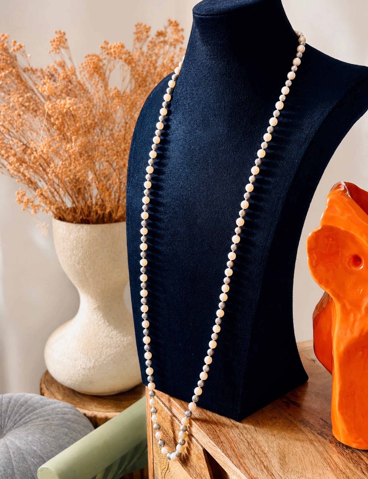 Vintage Two Tone Long Cultured Pearl Necklace 120 cm, 18K Gold Clasp - made in Italy
