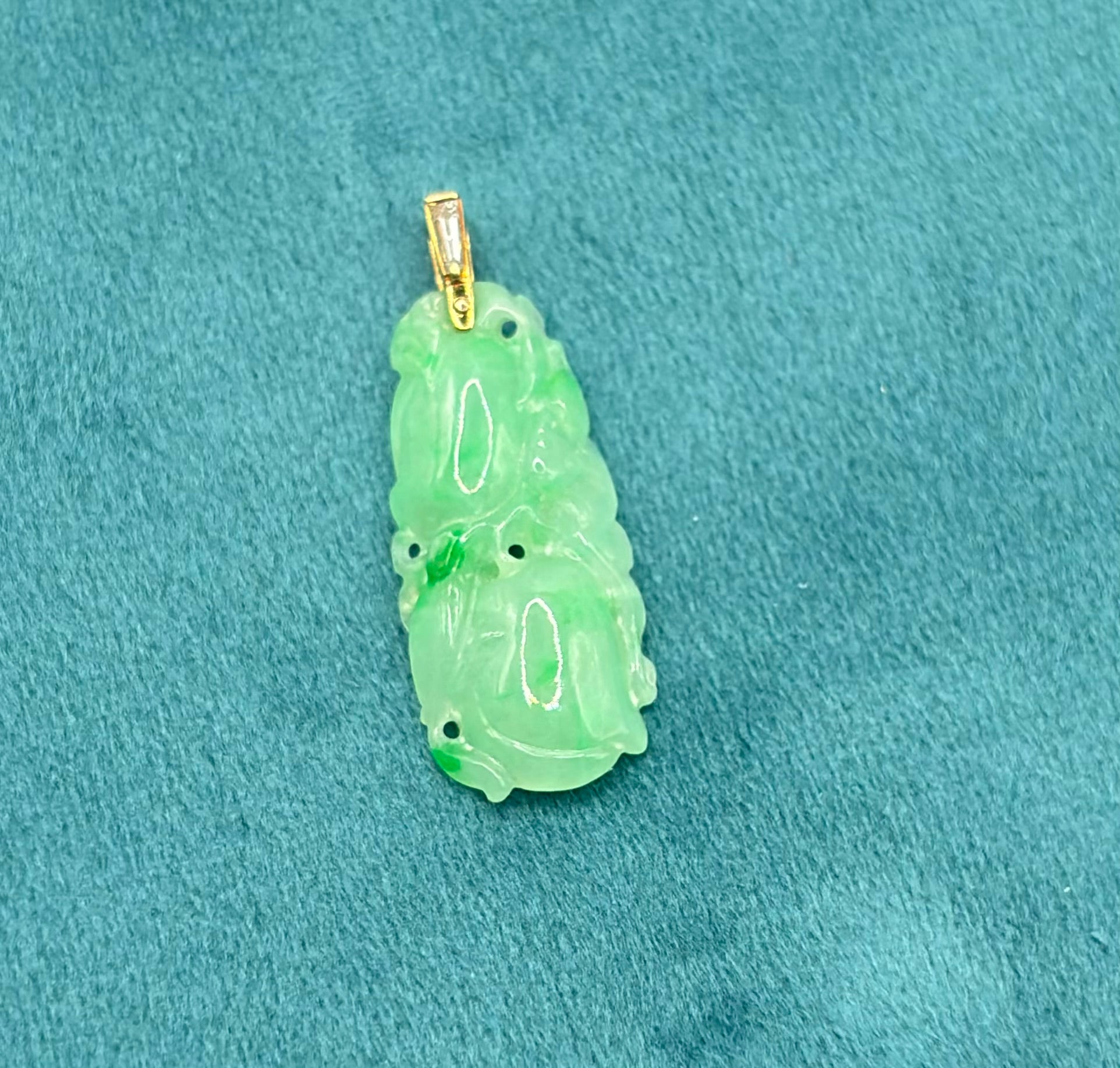 Natural Type A Jadeite Jade Carved Fruit Pendant, 14K Gold & Diamond, GCS Tested