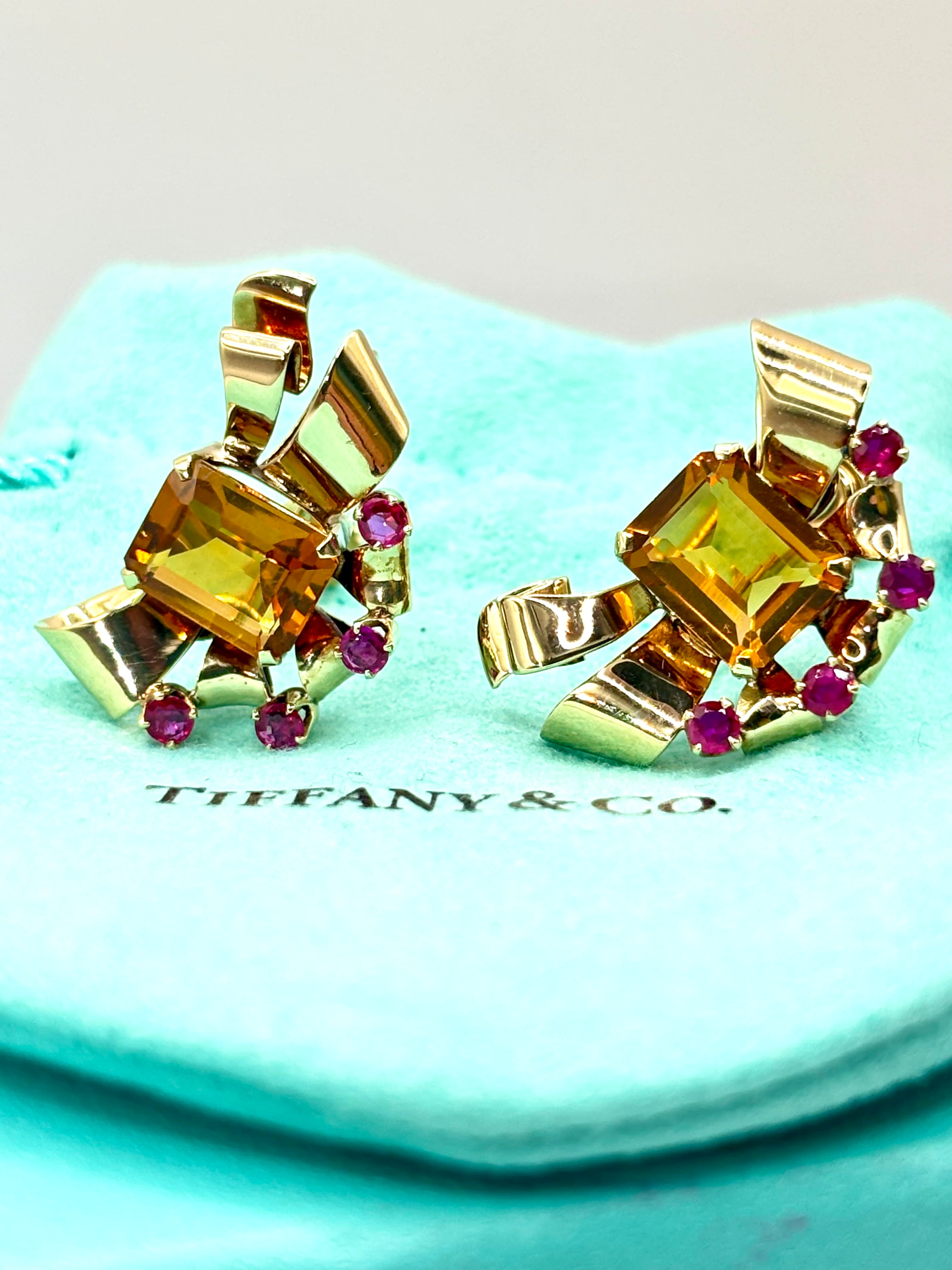 Tiffany & Co Retro 14 Karat Gold Citrine and Ruby Earrings, Circa 1940