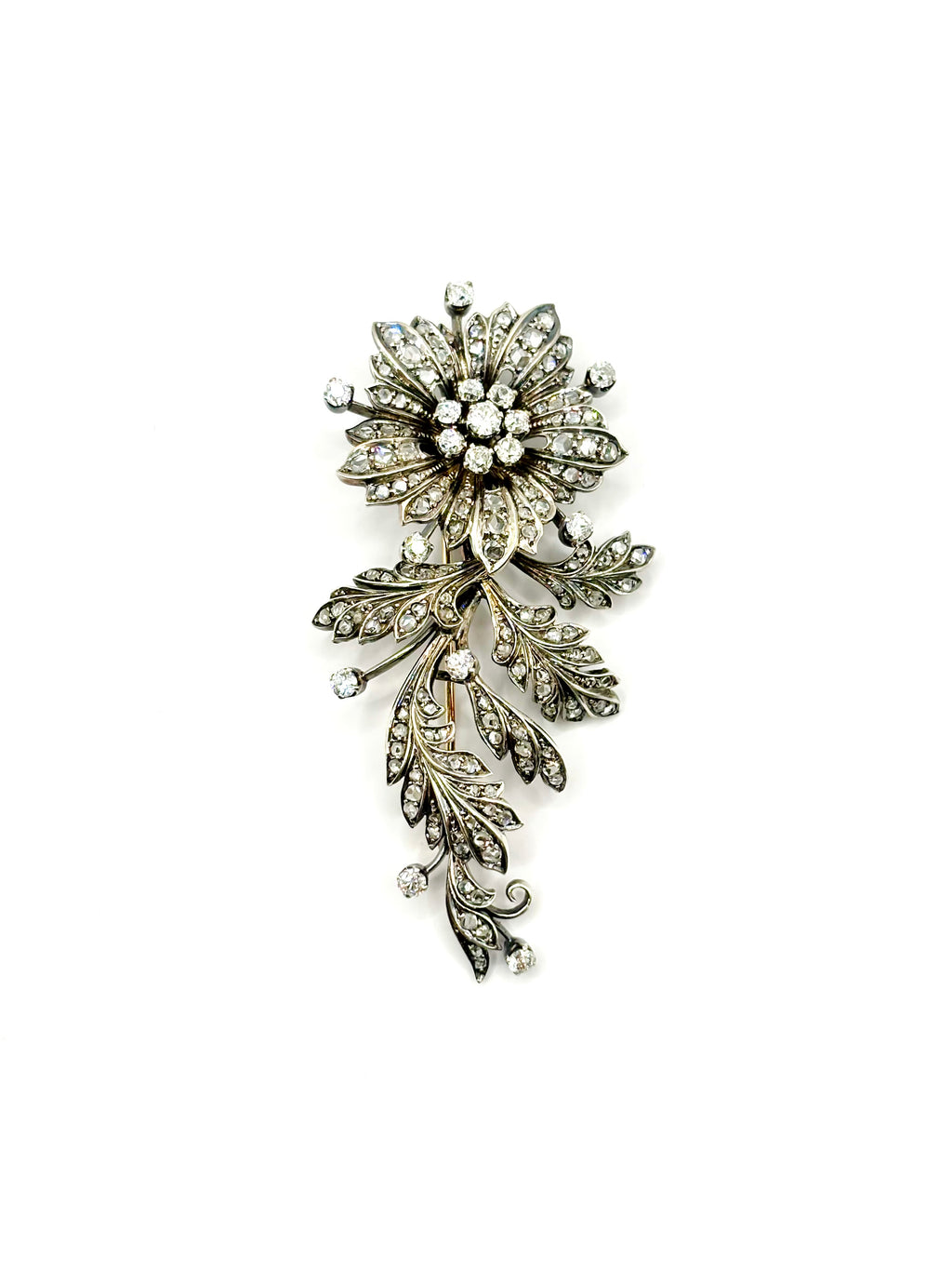 Late 19th Century Floral Spray Brooch with Old European and Rose Cut Diamonds, 8cm long