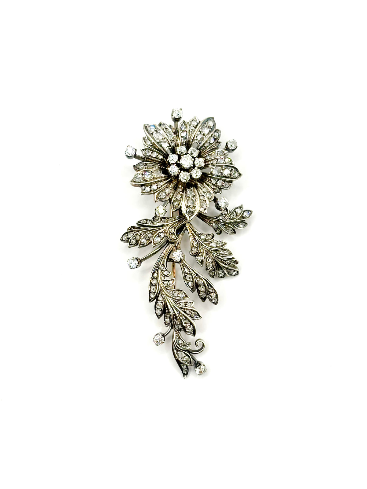 Late 19th Century Floral Spray Brooch with Old European and Rose Cut Diamonds, 8cm long