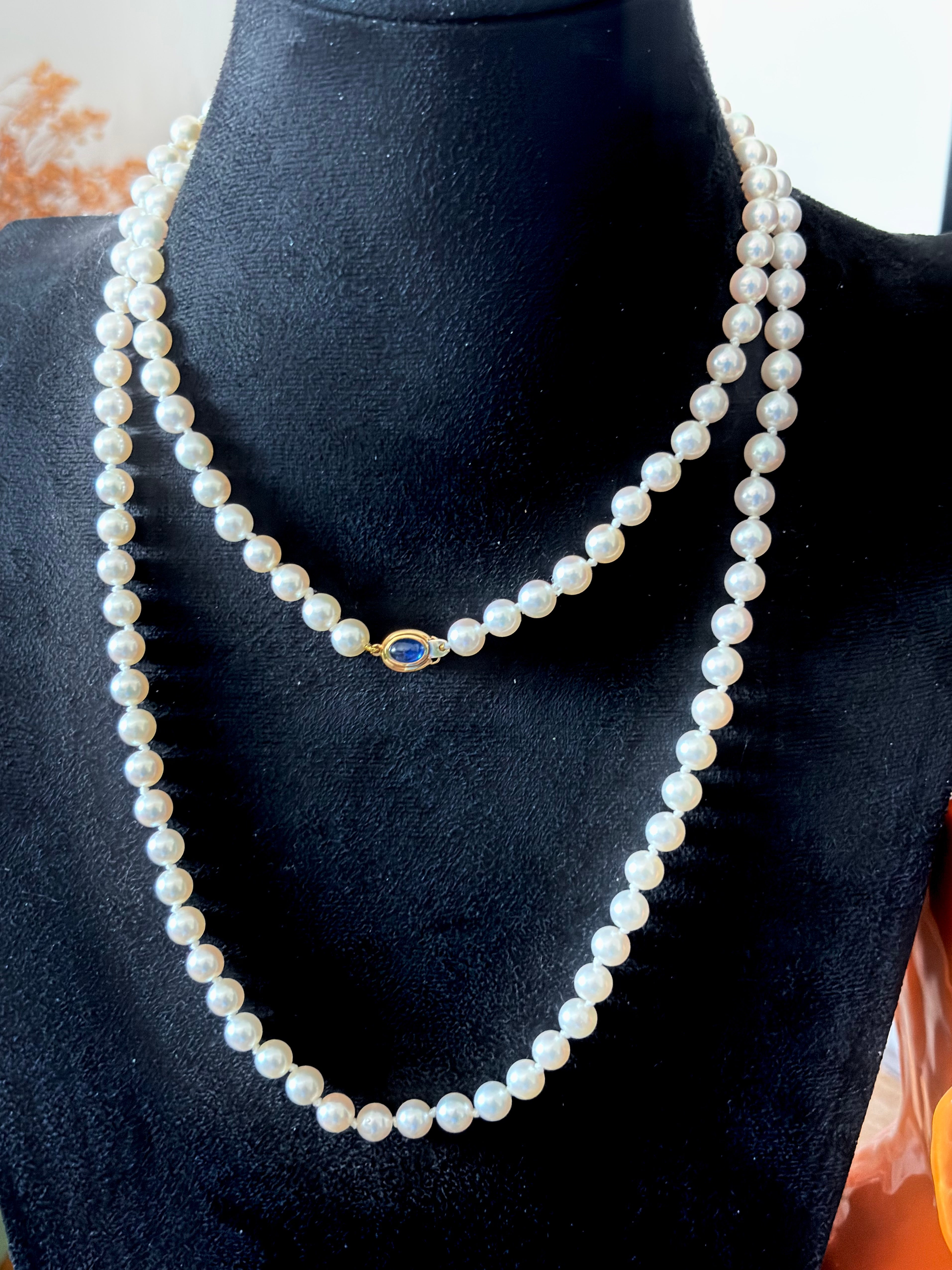 Long Japanese Akoya Cultured Pearl Opera Necklace, 18 Karat Gold Sapphire & Emerald Clasp, 98 cm