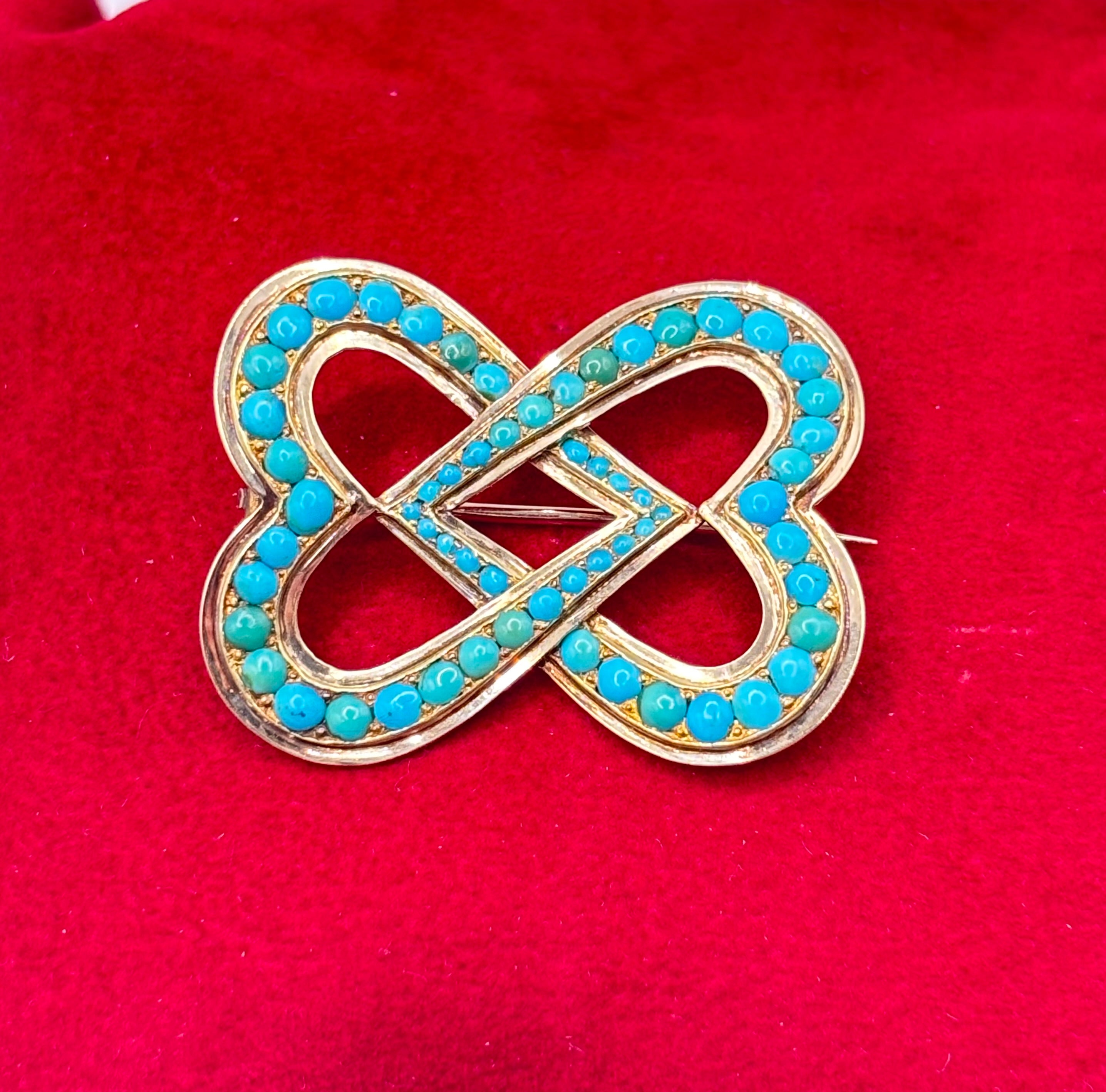 Victorian Turquoise 15ct Gold Double Heart Lover’s Knot Brooch, Circa 1880’s