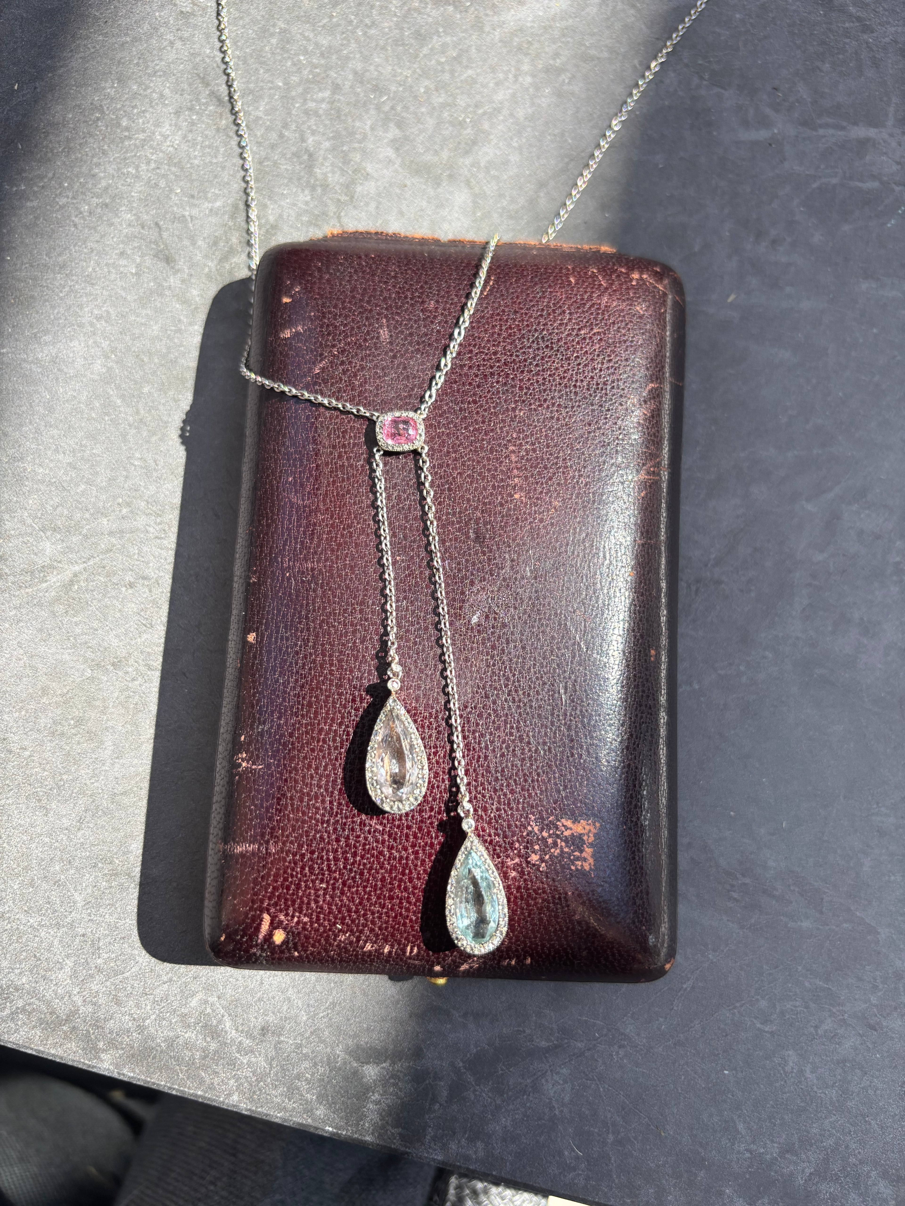 Antique French Edwardian Aquamarine, Pink Tourmaline, Morganite Diamond Negligee Necklace