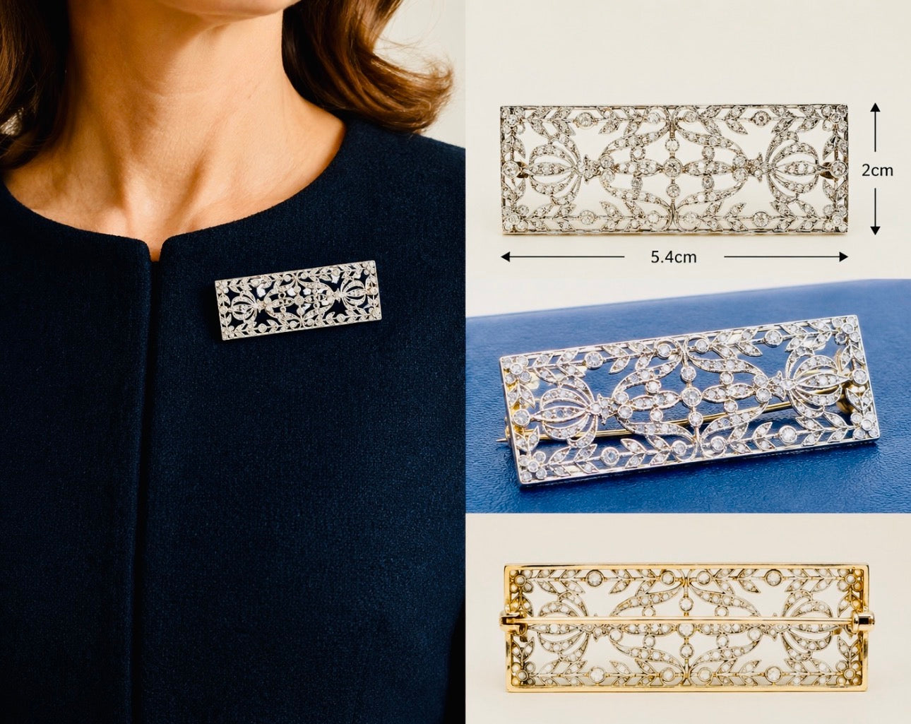 Early 20th-Century Old-Cut Diamond Platinum-Topped 14 Karat Gold Plaque Brooch