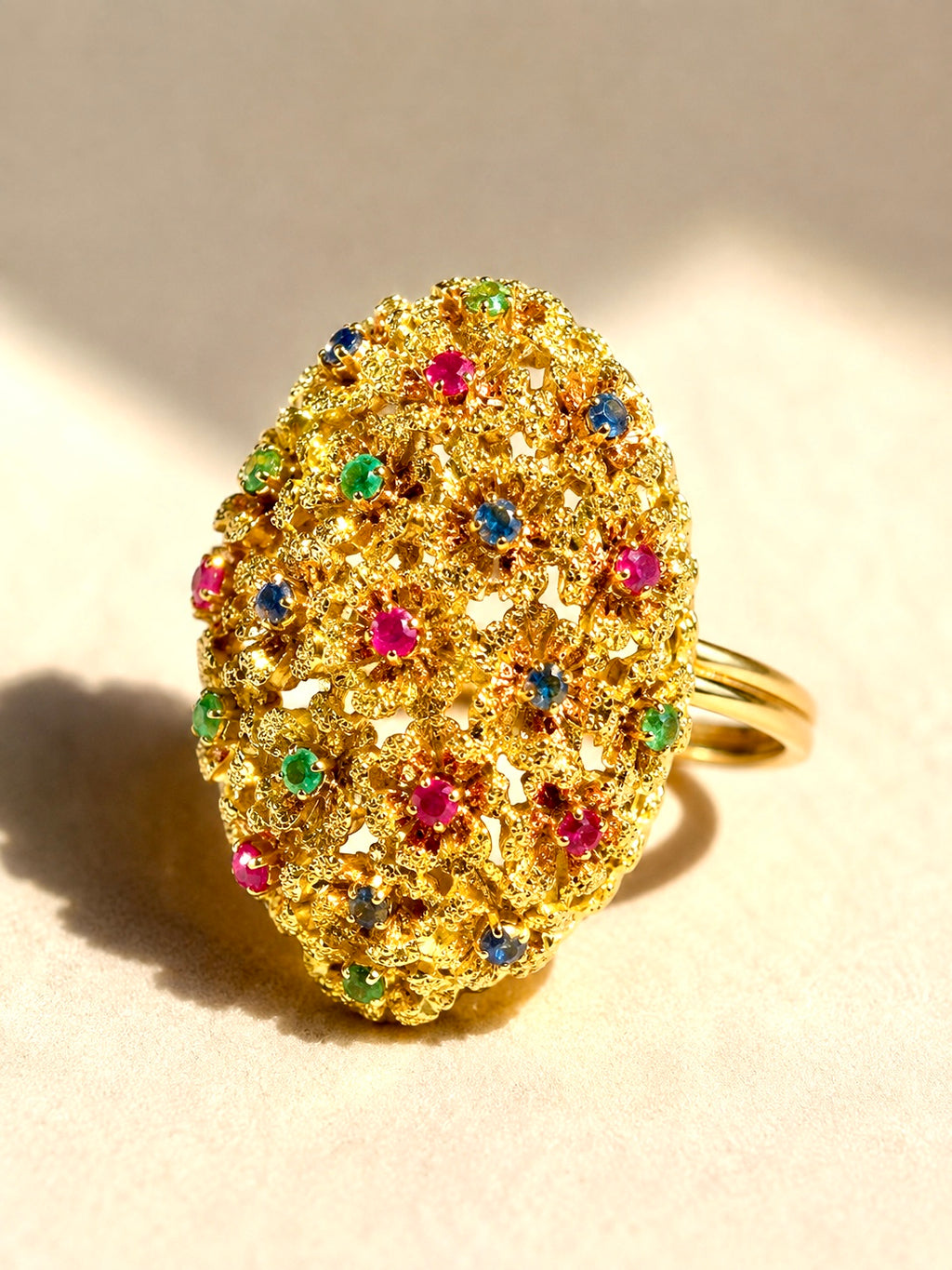 Vintage 18 Karat Gold 21 Flower Ruby Sapphire Emerald Sculptural Ring