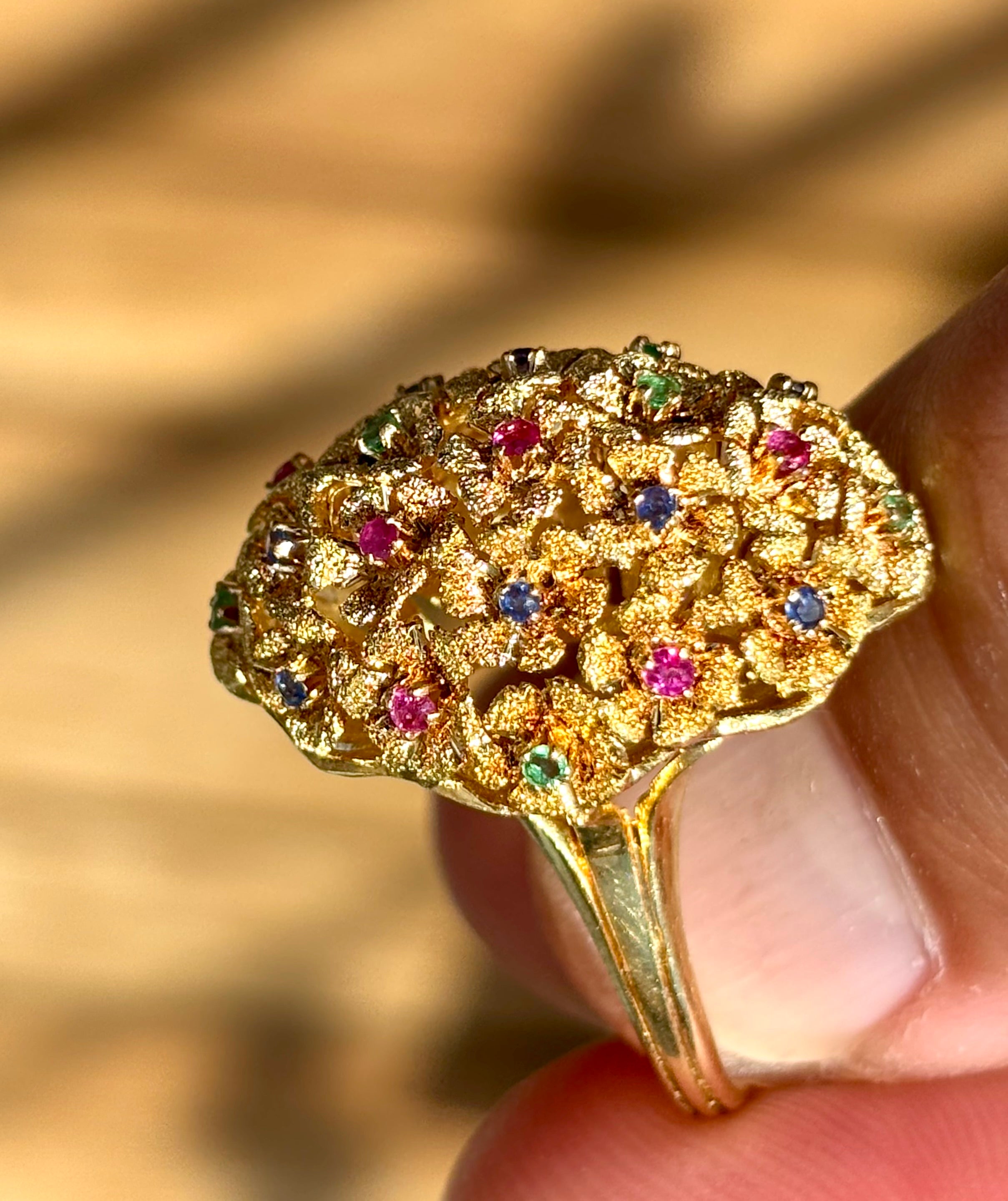 Vintage 18 Karat Gold 21 Flower Ruby Sapphire Emerald Sculptural Ring