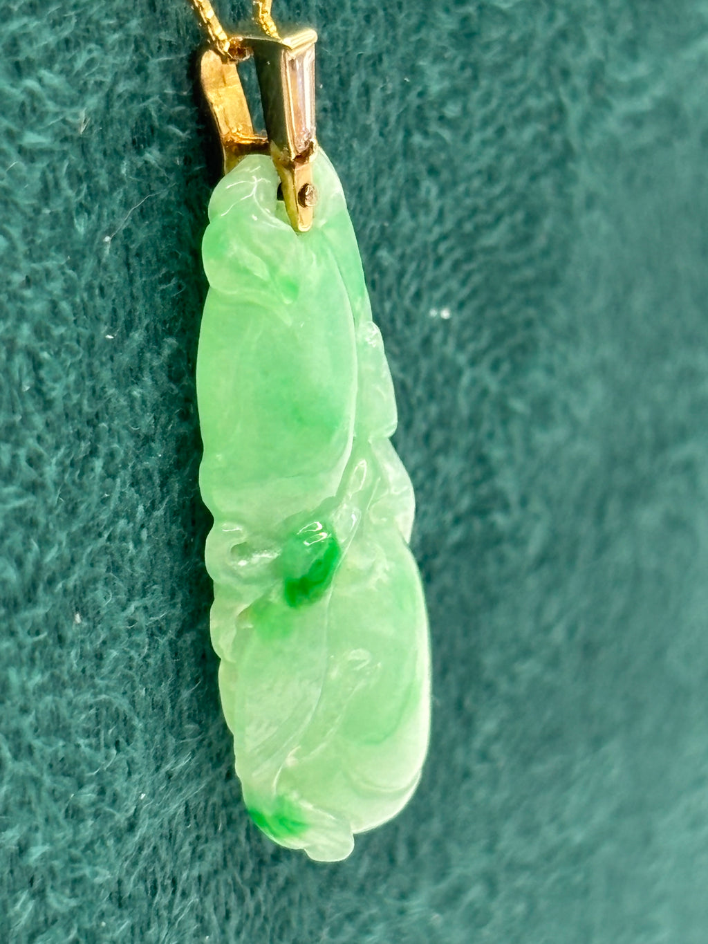 Natural Type A Jadeite Jade Carved Fruit Pendant, 14K Gold & Diamond, GCS Tested