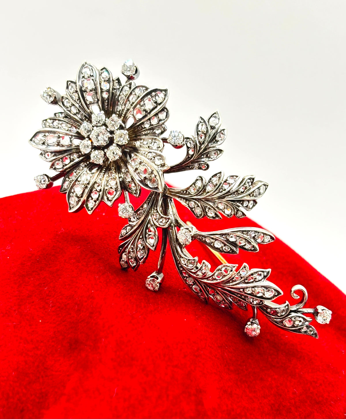 Late 19th Century Floral Spray Brooch with Old European and Rose Cut Diamonds, 8cm long