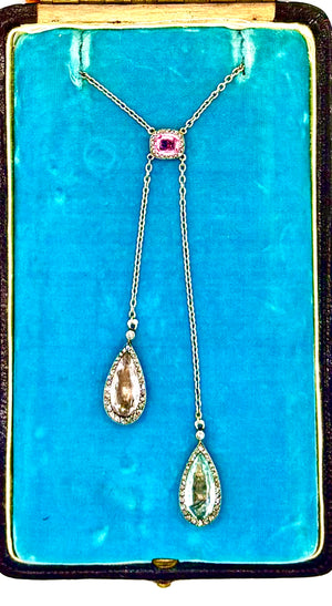 Antique French Edwardian Aquamarine, Pink Tourmaline, Morganite Diamond Negligee Necklace