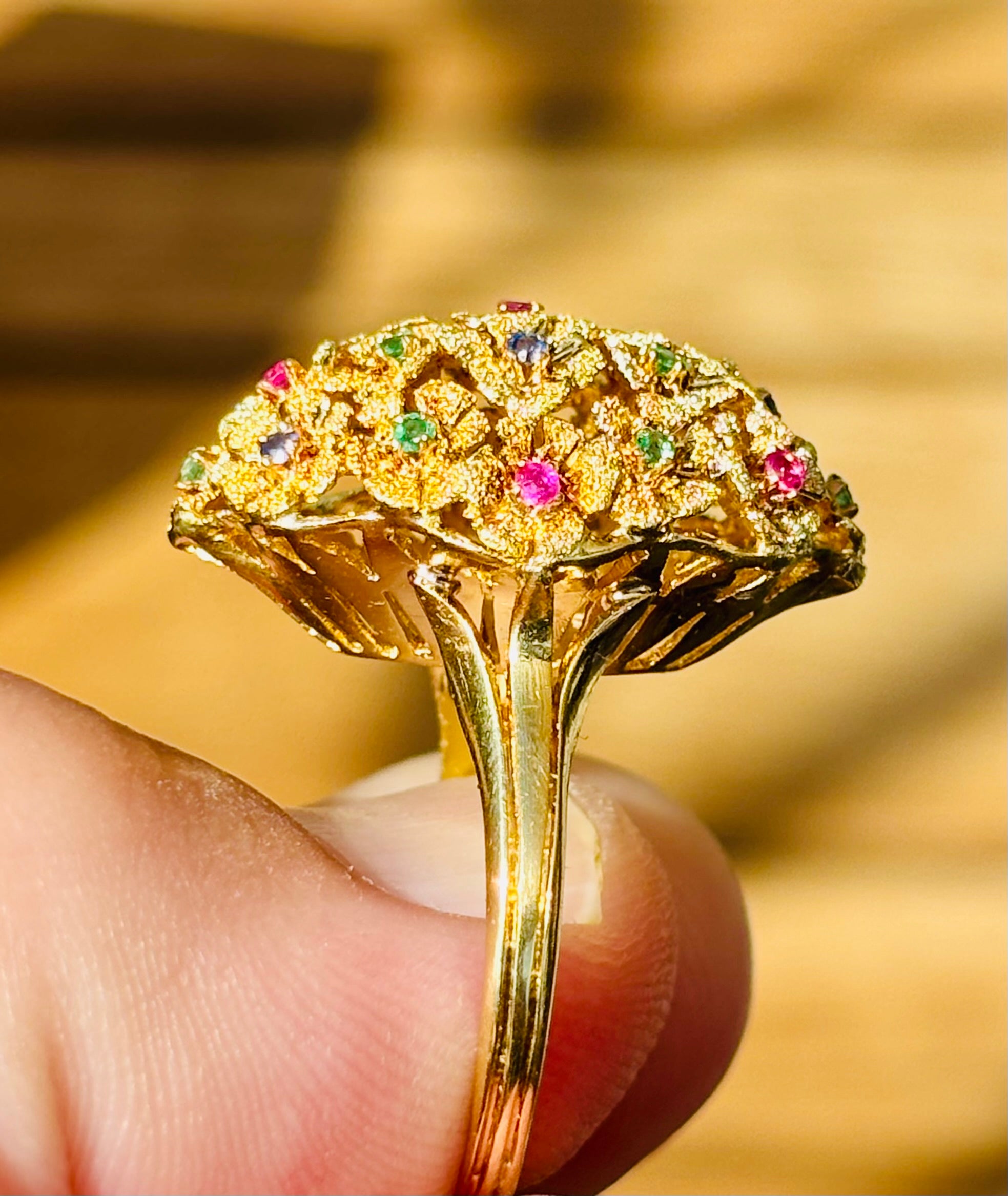 Vintage 18 Karat Gold 21 Flower Ruby Sapphire Emerald Sculptural Ring