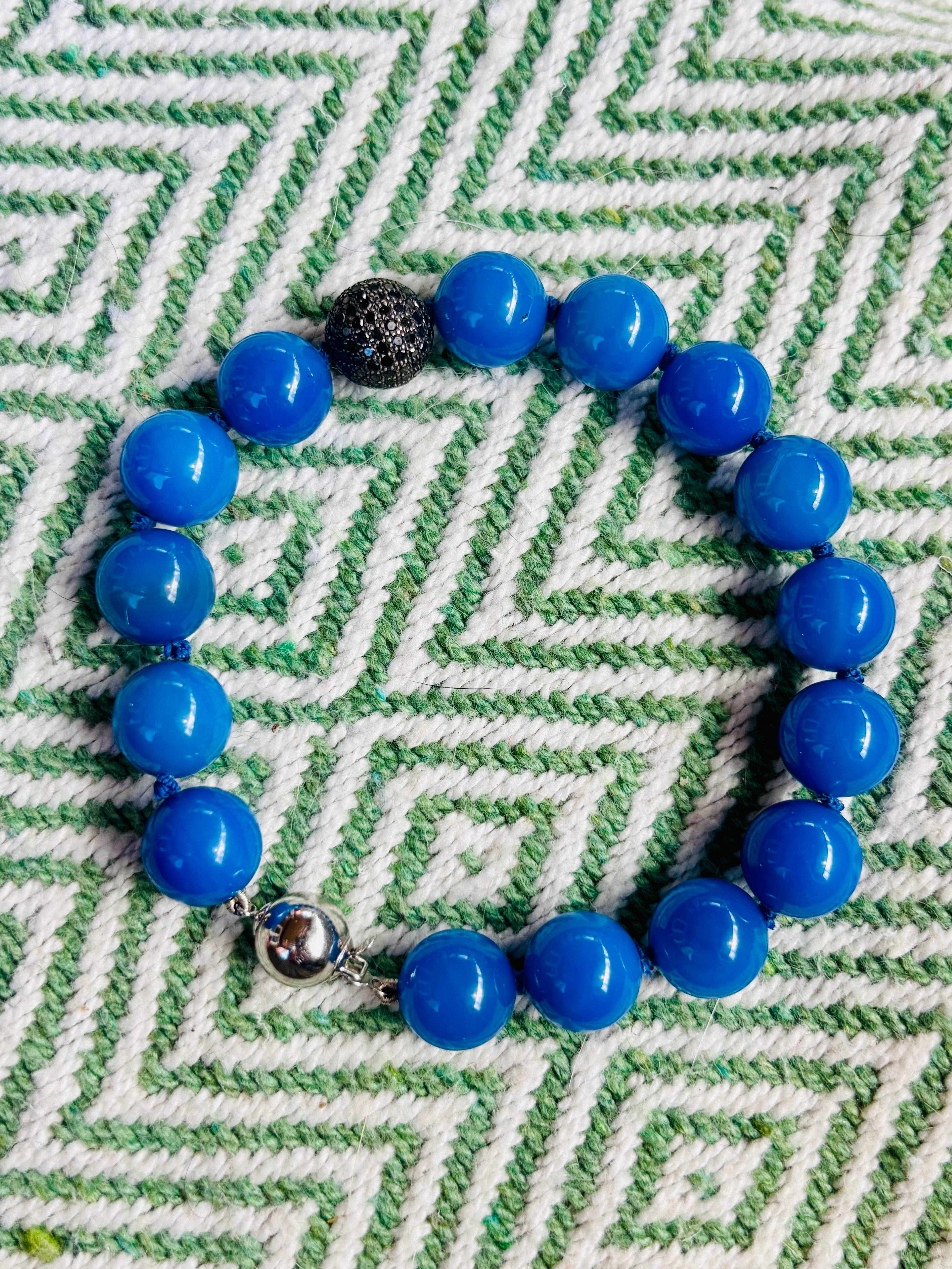 Blue Agate Bracelet with Black Diamond Pavé Sterling Silver Enhancer | 14mm Beads | 41g