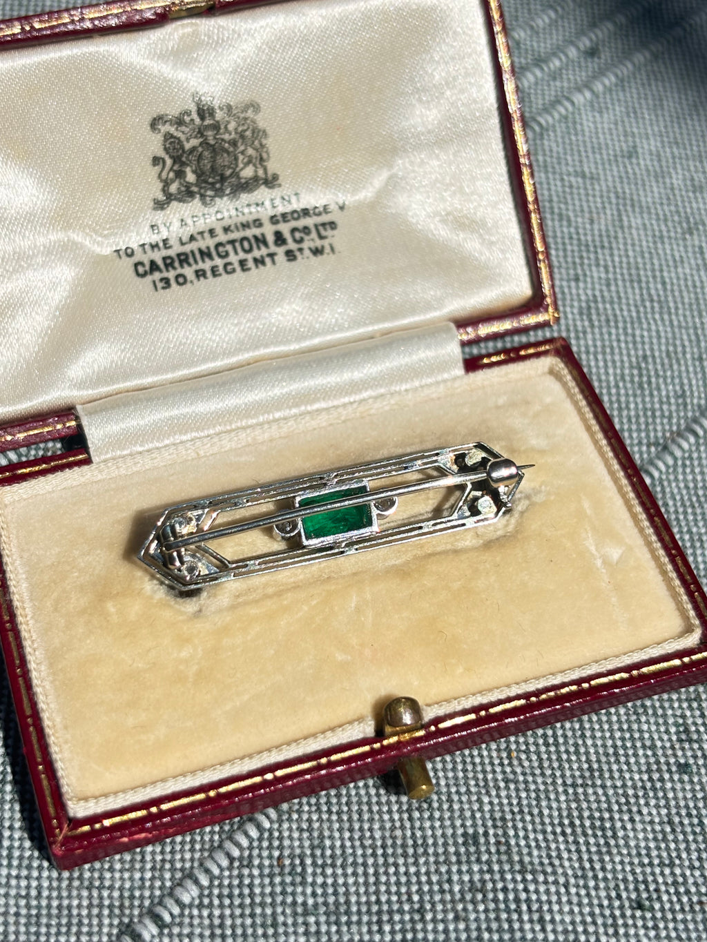 Art Deco Emerald Diamond Brooch, Carrington & Co. Fitted Case 1925-1935