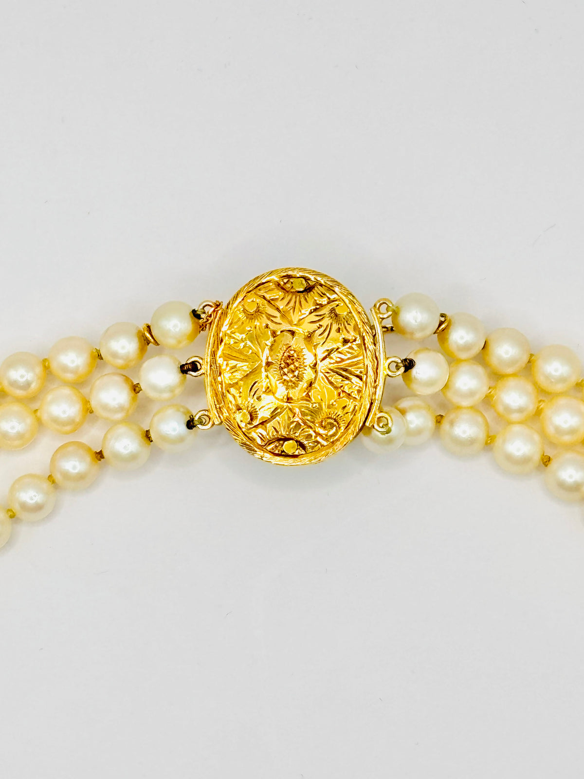 Three-Strand Japanese Akoya Pearl Necklace Late Victorian Diamond & Chrysoprase