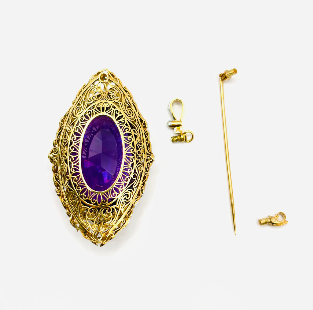Edwardian Platinum-Topped Gold Convertible Brooch Pendant with Monumental Oval Amethyst and Old-Cut Diamonds, Circa 1900–1915