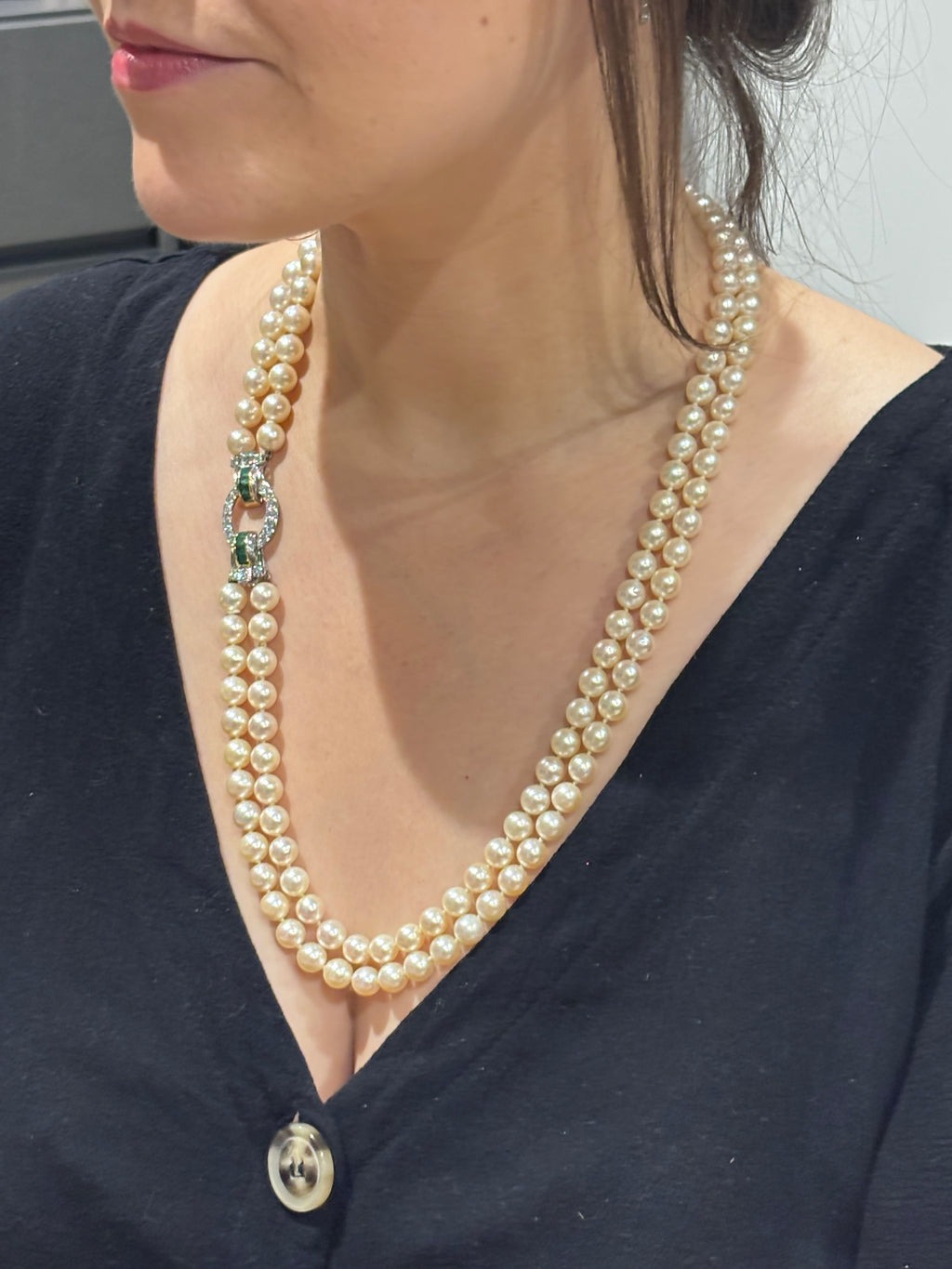 Vintage Pearl Necklace Double Row Strand Akoya Pearls 18k Gold Diamonds Emeralds 1950