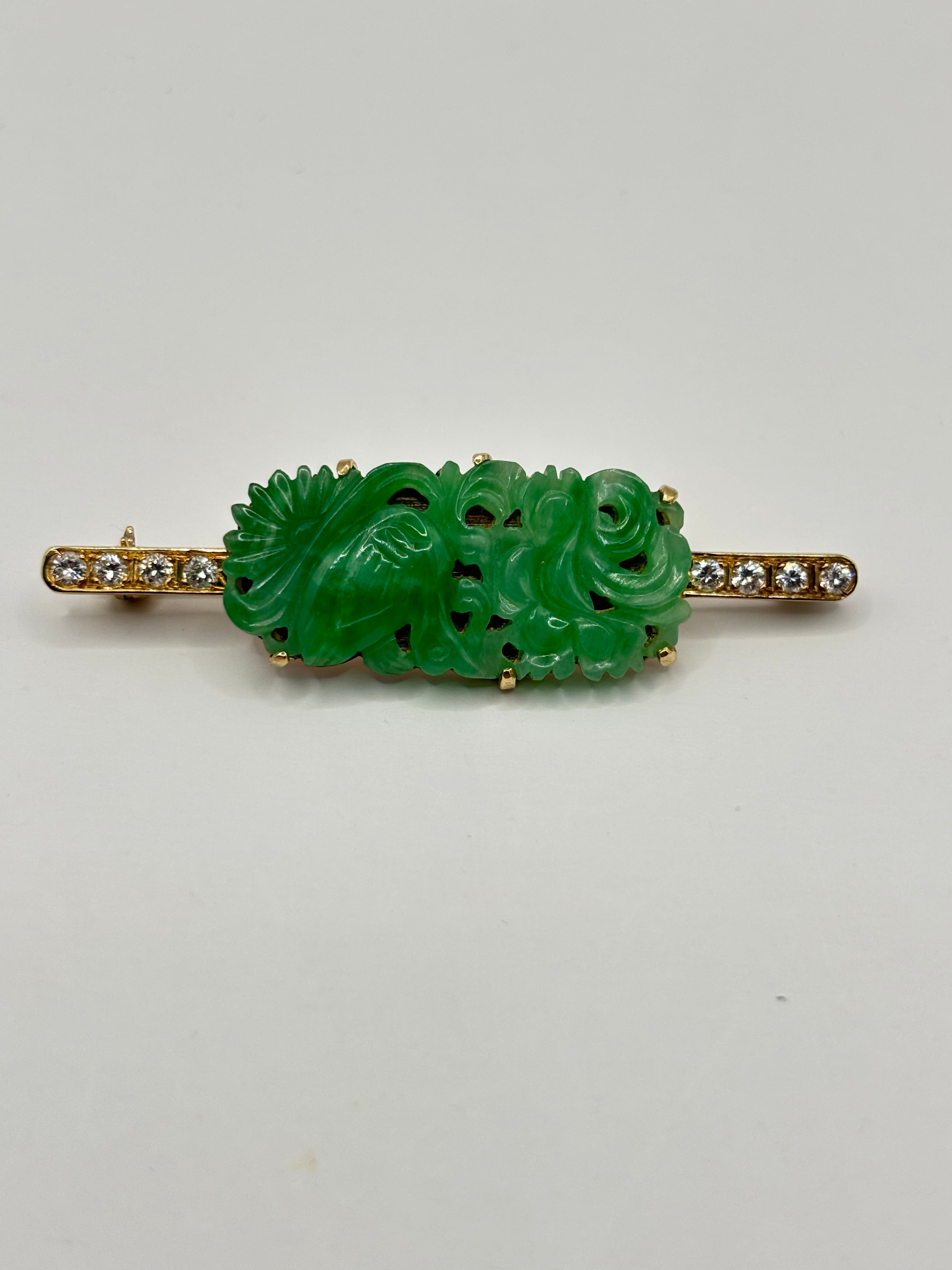 Natural Jadeite Jade and Diamond Brooch, Chinese Carved Jade & Gold, GCS Tested
