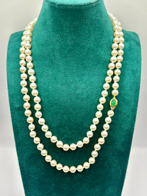 Long Japanese Akoya Cultured Pearl Opera Necklace, 18 Karat Gold Sapphire & Emerald Clasp, 98 cm