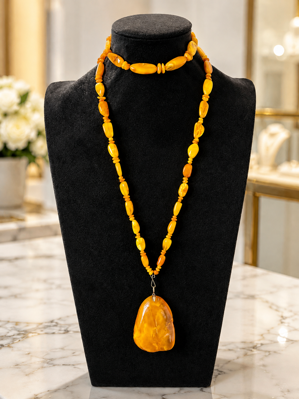 Vintage Baltic Amber Statement Necklace with Large Freeform Pendant, 9K Gold, Circa 1970
