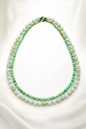 Certified Double Strand Natural Jade Bead Necklace, 14k Diamond Pearl Clasp, Statement Piece