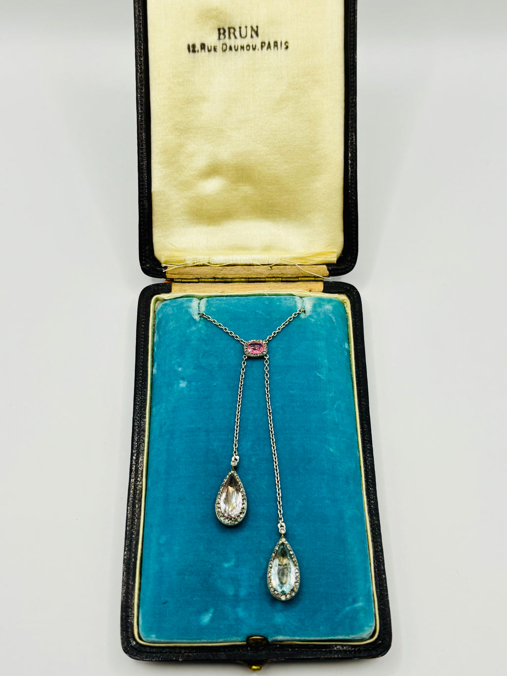 Antique French Edwardian Aquamarine, Pink Tourmaline, Morganite Diamond Negligee Necklace