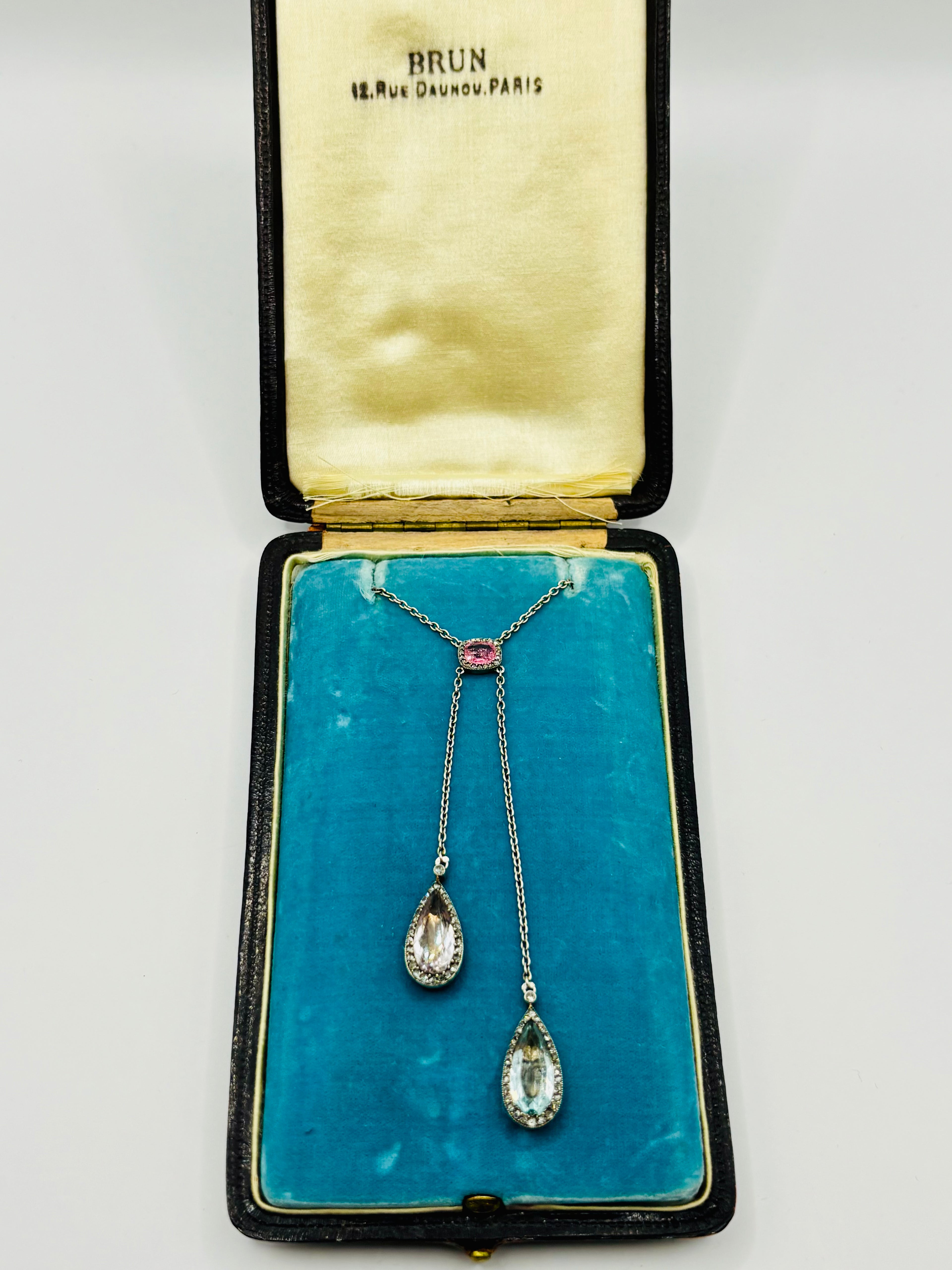 Antique French Edwardian Aquamarine, Pink Tourmaline, Morganite Diamond Negligee Necklace