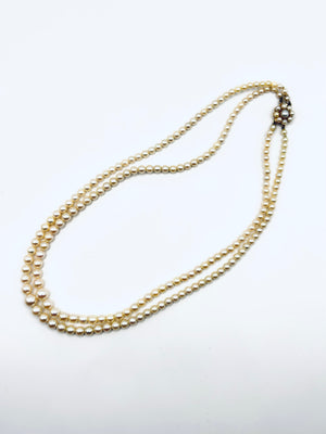 Vintage Double Strand Cultured Pearl Necklace, Graduated, Gold & Pearls Clasp