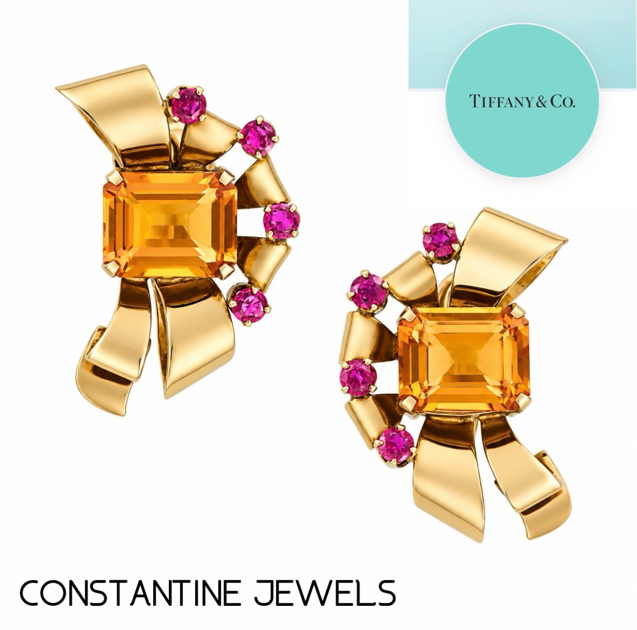 Tiffany & Co Retro 14 Karat Gold Citrine and Ruby Earrings, Circa 1940