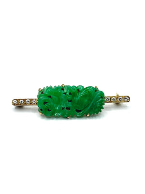Natural Jadeite Jade and Diamond Brooch, Chinese Carved Jade & Gold, GCS Tested